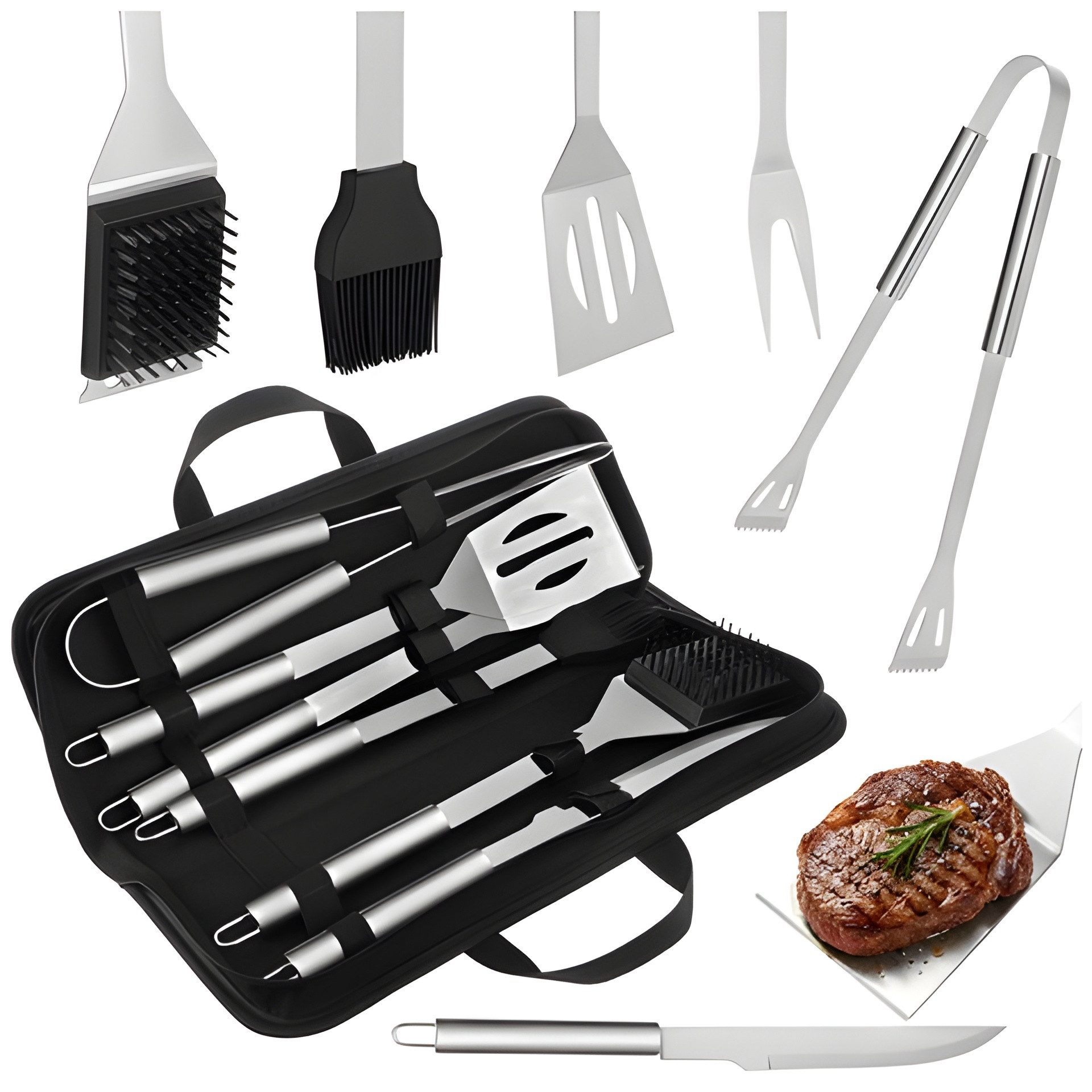 Kaminer Grillbesteck-Set BBQ Set Grill Zubehör Steak Messer Grillwender Zange, (Grillset, 6 tlg., 6-teiliges Grillbesteck-Set, inklusive Transportkoffer), inkl. Transporttasche