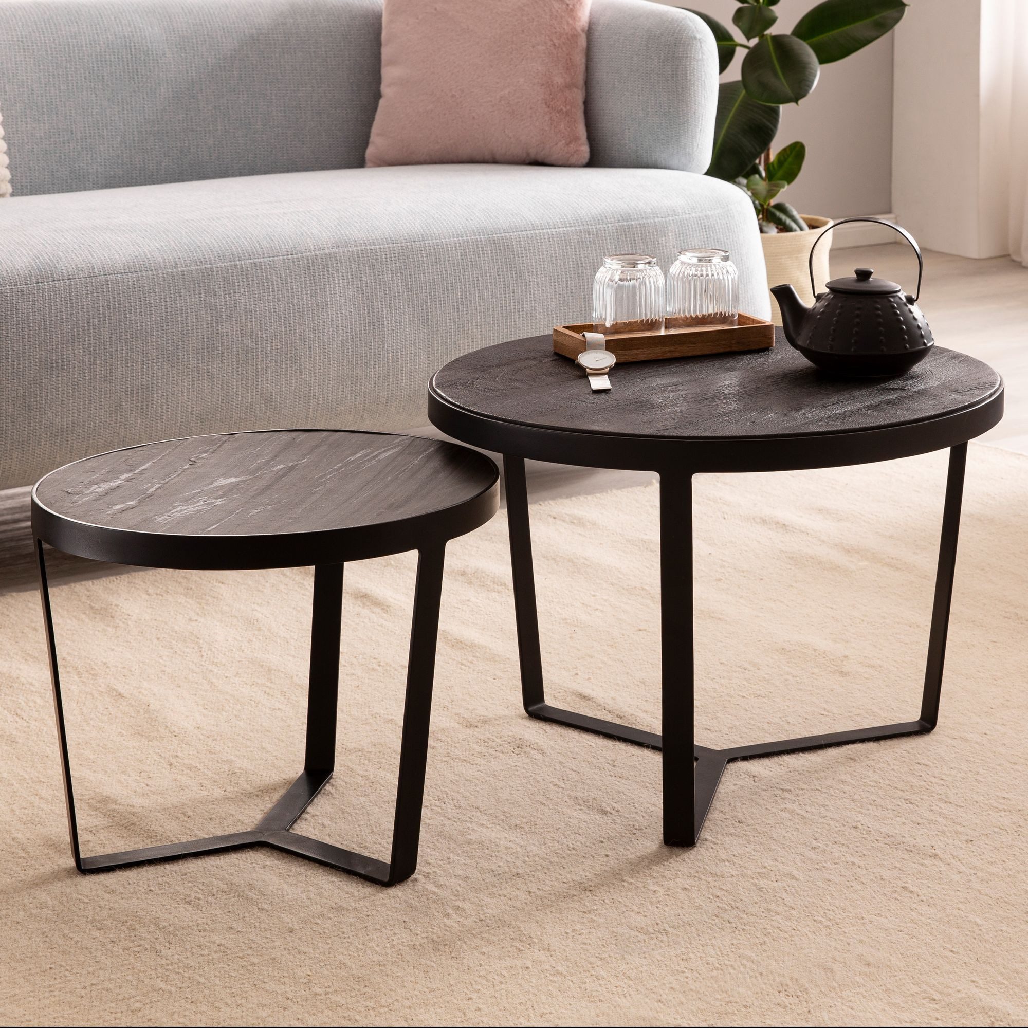 Wohnling Couchtisch WL6.766 2er Set Rund Holz / Steinoptik Wohnzimmertisch Satztisch (Couchtisch 2er Set Akazie Massivholz / Steinoptik), Wohnzimmertisch Modern, Sofatisch 2-teilig
