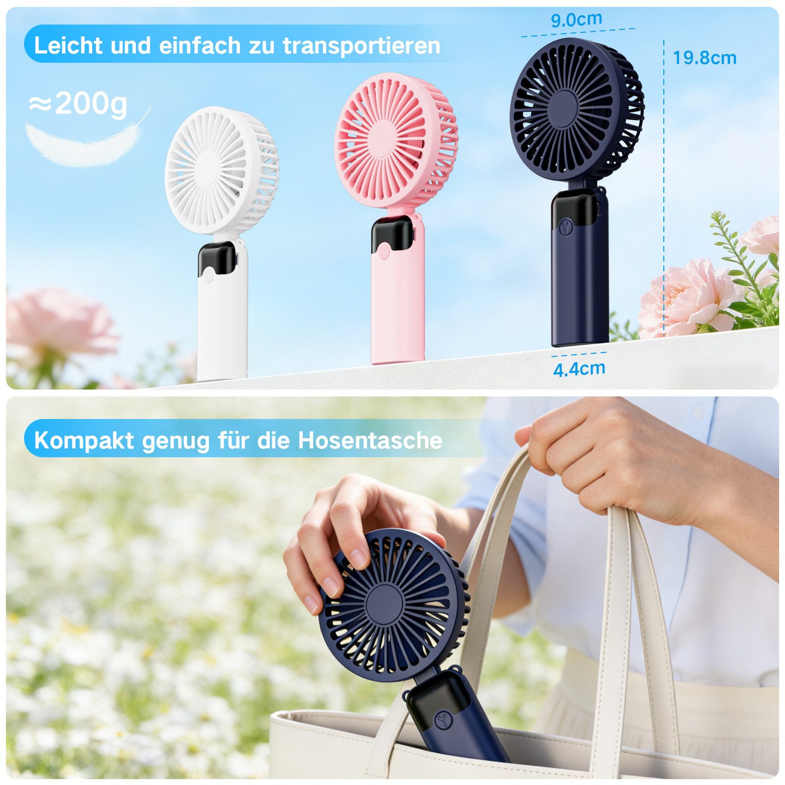 skelo Handventilator Kleiner faltbarer tragbarer USB-Handventilator mit 6 Stufen, 2400 mAh, Tischventilator mit LED-Anzeige für Zuhause, Büro, Reisen und Outdoor