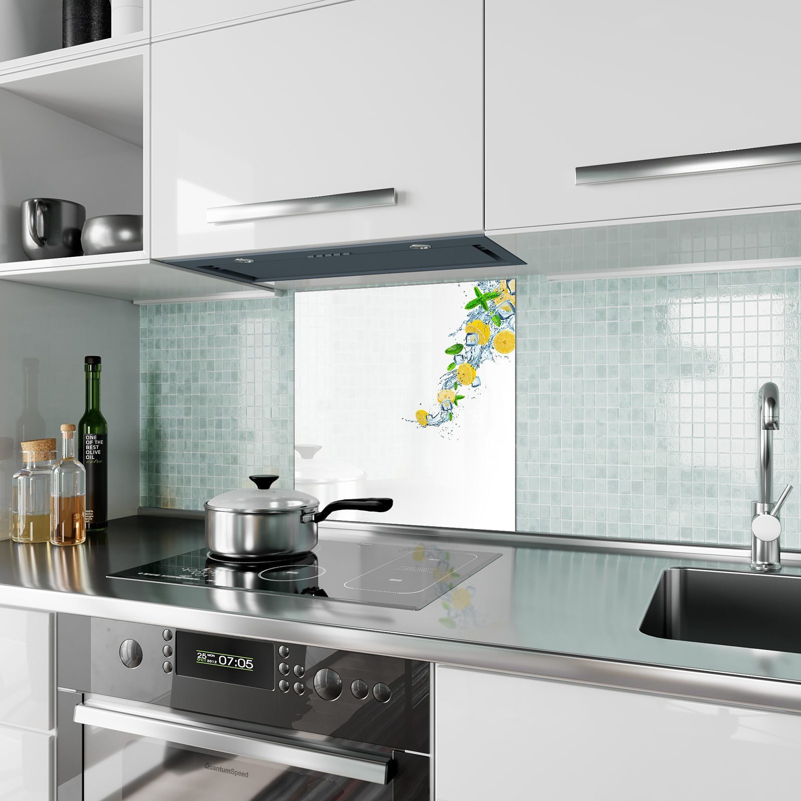 Küchenrückwand Motiv Wasserwelle Glas mit Spritzschutz Küchenrückwand Primedeco Zitronen auf