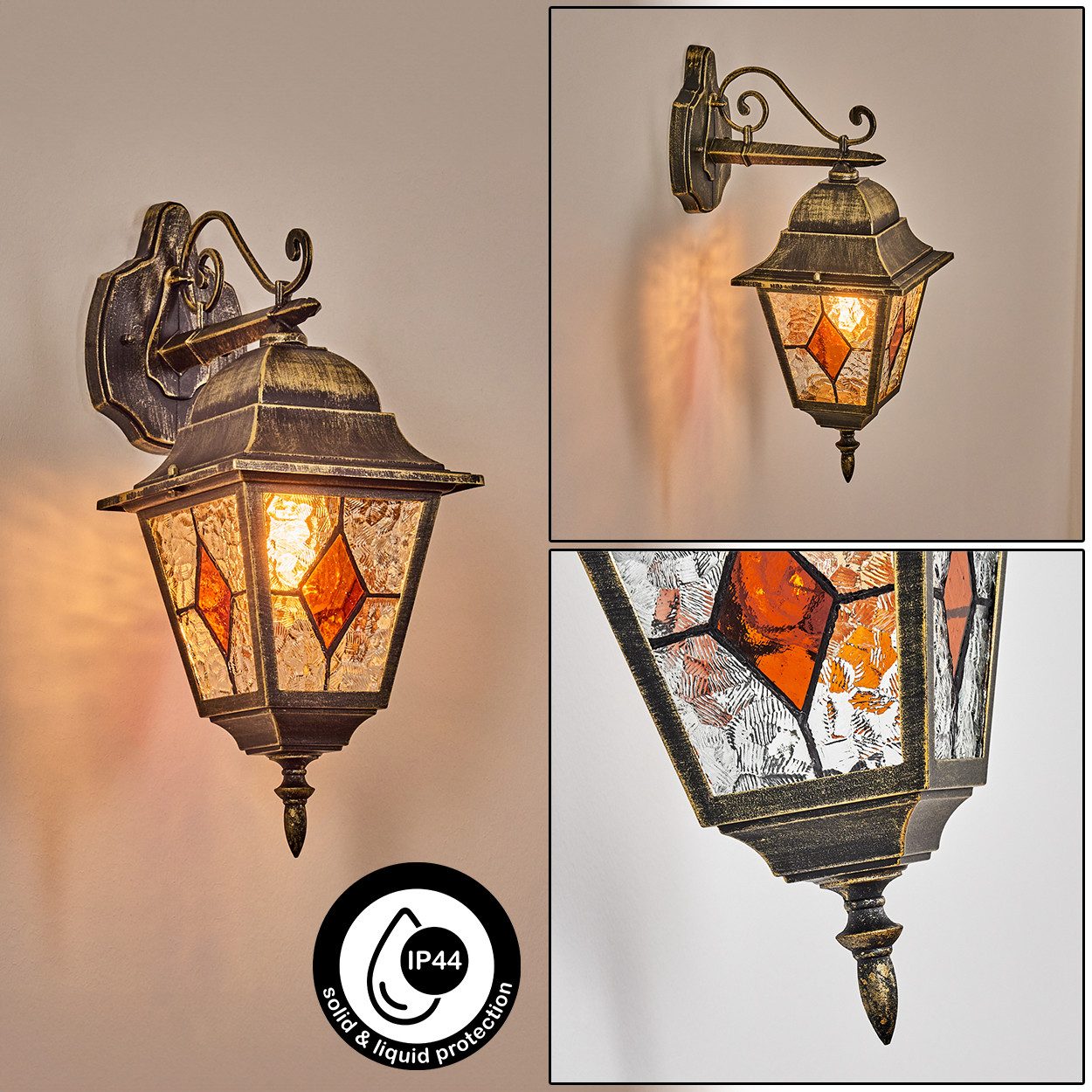 hofstein Außen-Wandleuchte Außenwandlampe aus Metall/Glas in Gold/Schwarz/Klar/Bernstein, ohne Leuchtmittel, Außenwandleuchte im Retro/Vintage/Antik/Landhaus-Design, E27, IP44