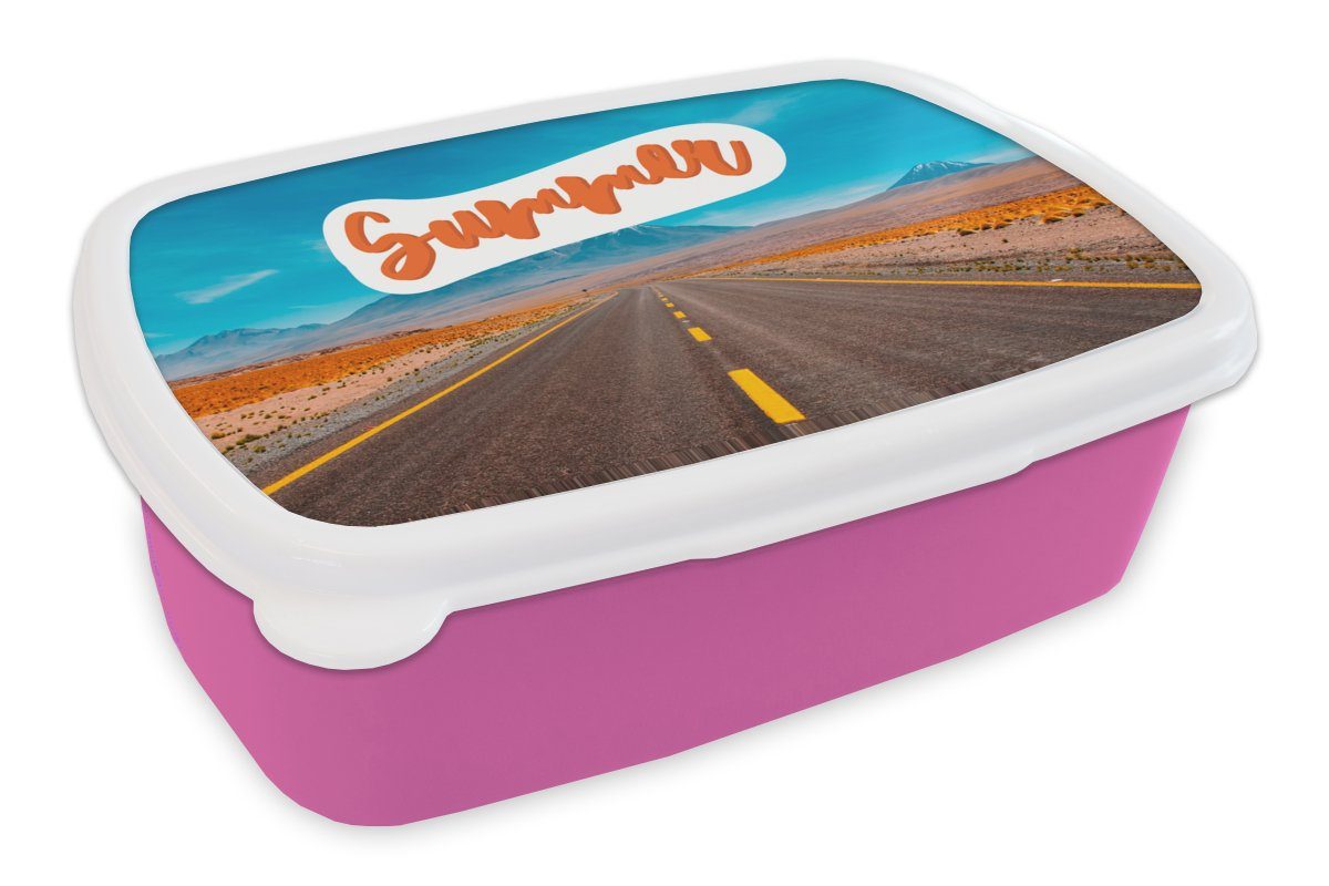 MuchoWow Lunchbox Autoreise - Amerika - Sommer, Kunststoff, (2-tlg), Brotbox für Erwachsene, Brotdose Kinder, Snackbox, Mädchen, Kunststoff rosa