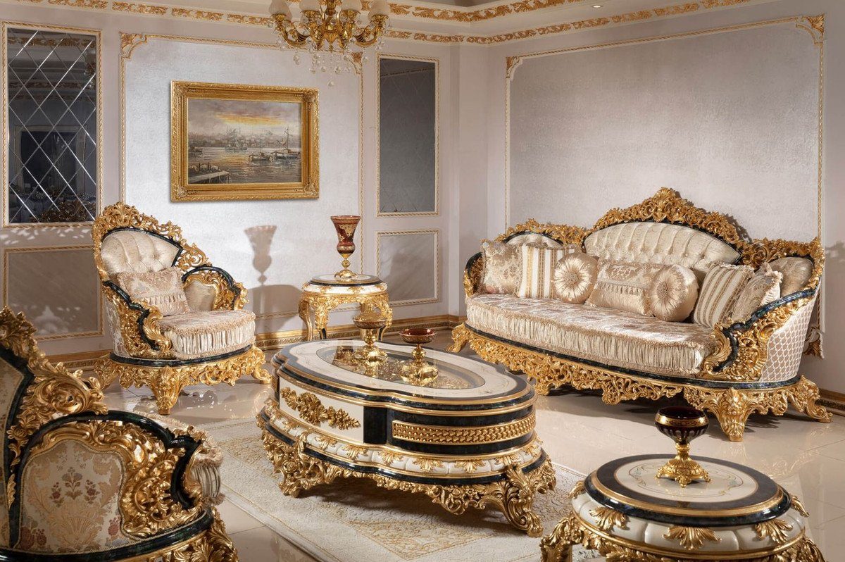 - Wohnzimmertisch Padrino Prunkvoller Prunkvoll - Barock Gold Luxus Edel Couchtisch - Couchtisch Möbel Casa Barock Weiß mit Massivholz / & Blau Glasplatte /