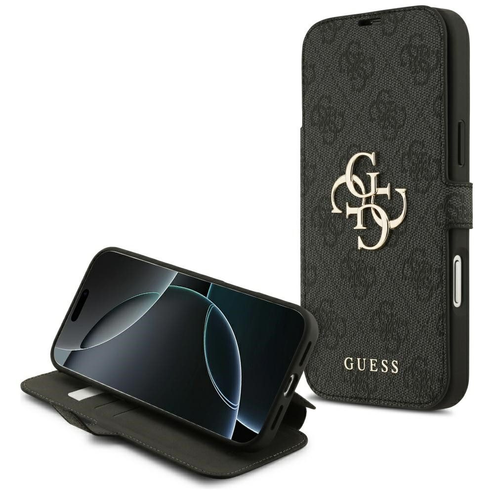 Guess Handyhülle Bookcase iPhone 17 Pro Max grau Logo goldfarben aufstellbar 6,9 Zoll, Kantenschutz