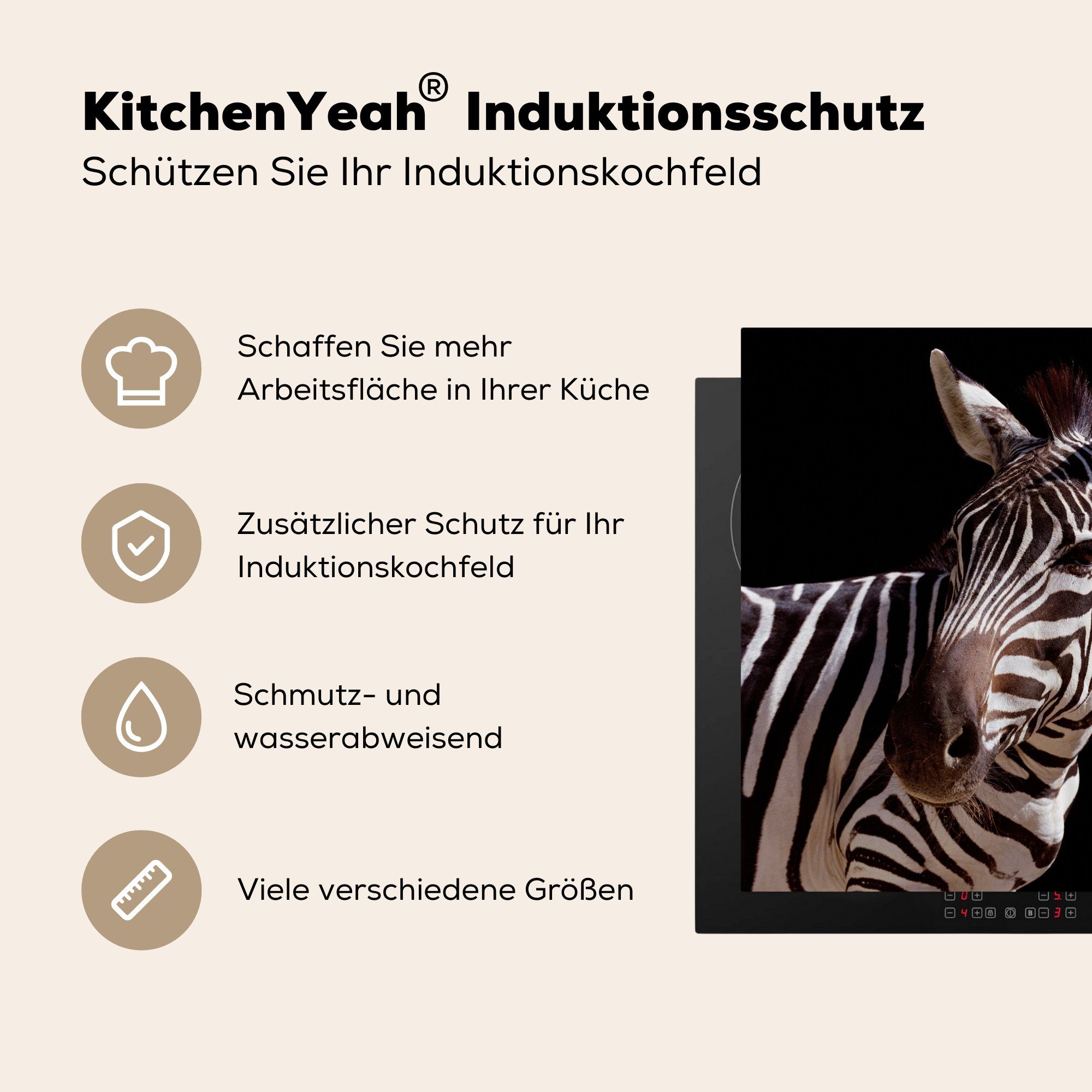 MuchoWow Herdblende-/Abdeckplatte Neugieriges Zebra für Ceranfeldabdeckung, schwarzem cm, (1 küche tlg), 78x78 Vinyl, Arbeitsplatte auf Hintergrund