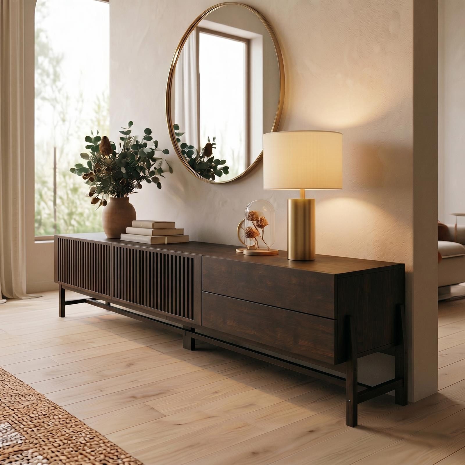 IDIMEX Lowboard ADAMO, 220cm mit Lamellentüren aus Massivholz für 90 Zoll TVs Nussbaum Finish