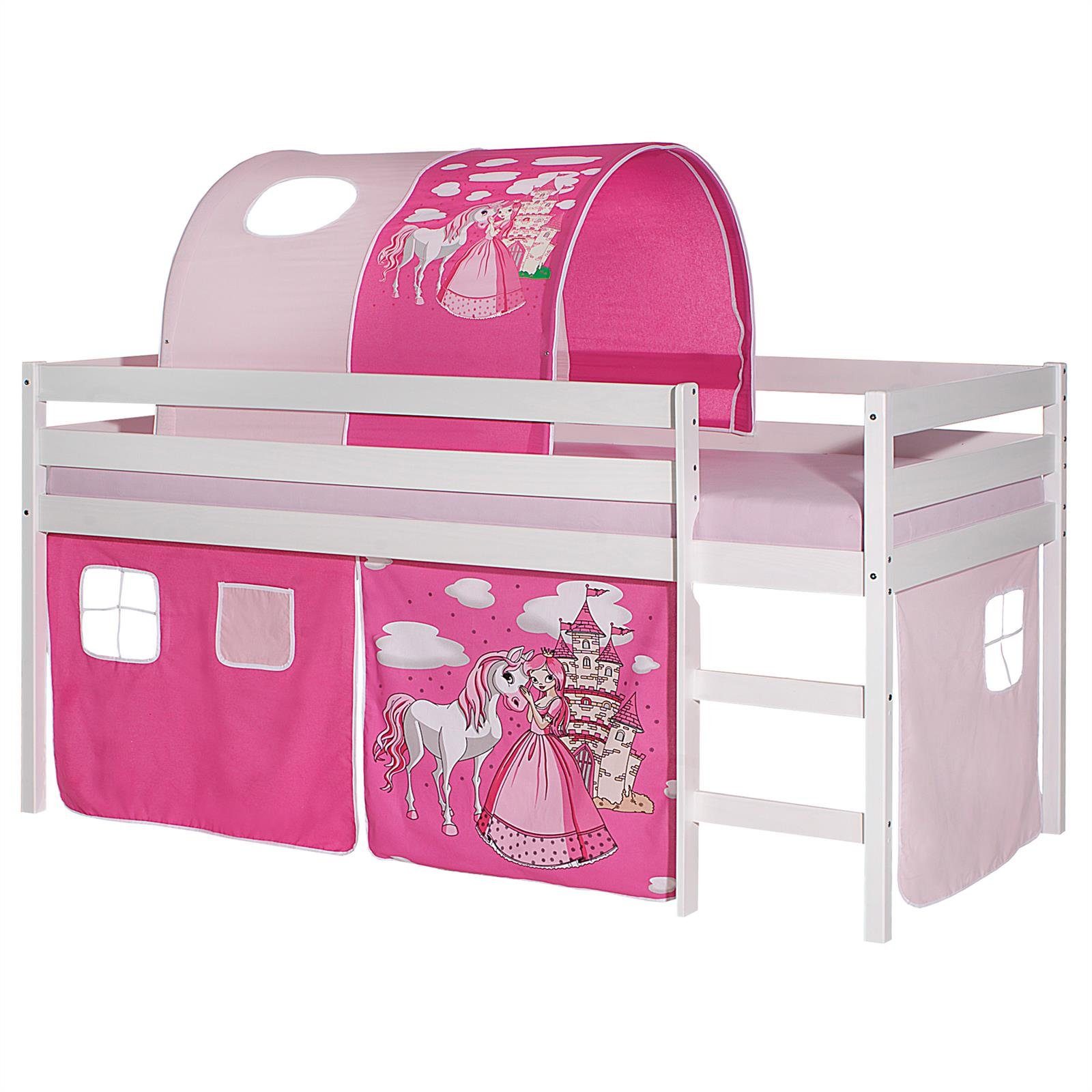 IDIMEX Hochbett ERIK Hochbett Spielbett Kinderbett Etagenbett Vorhang Betttunnel PRINZESSIN