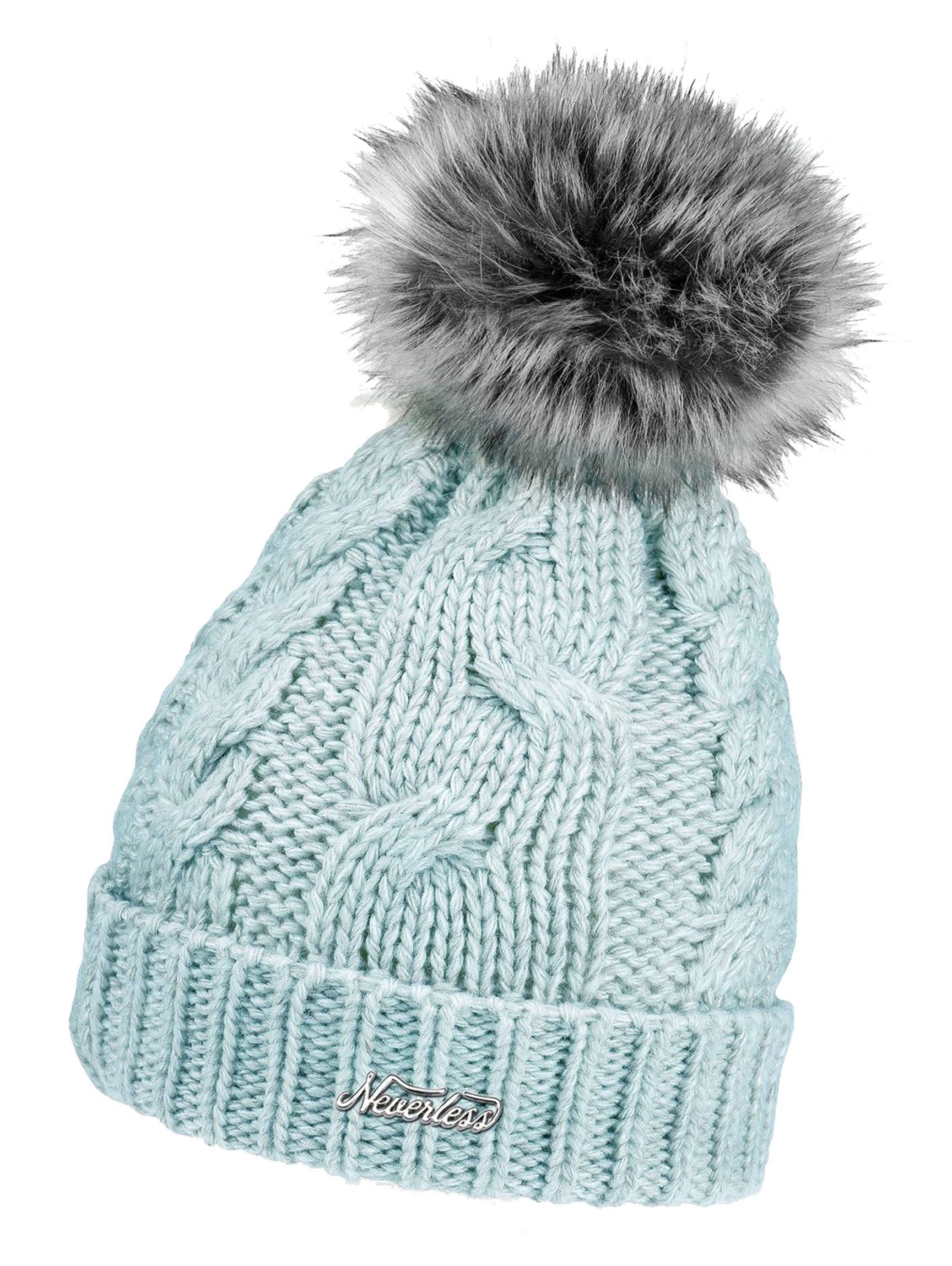 Neverless Strickmütze Damen Strickmütze mit Bommel Grobstrick Pudelmütze mit Fellbommel