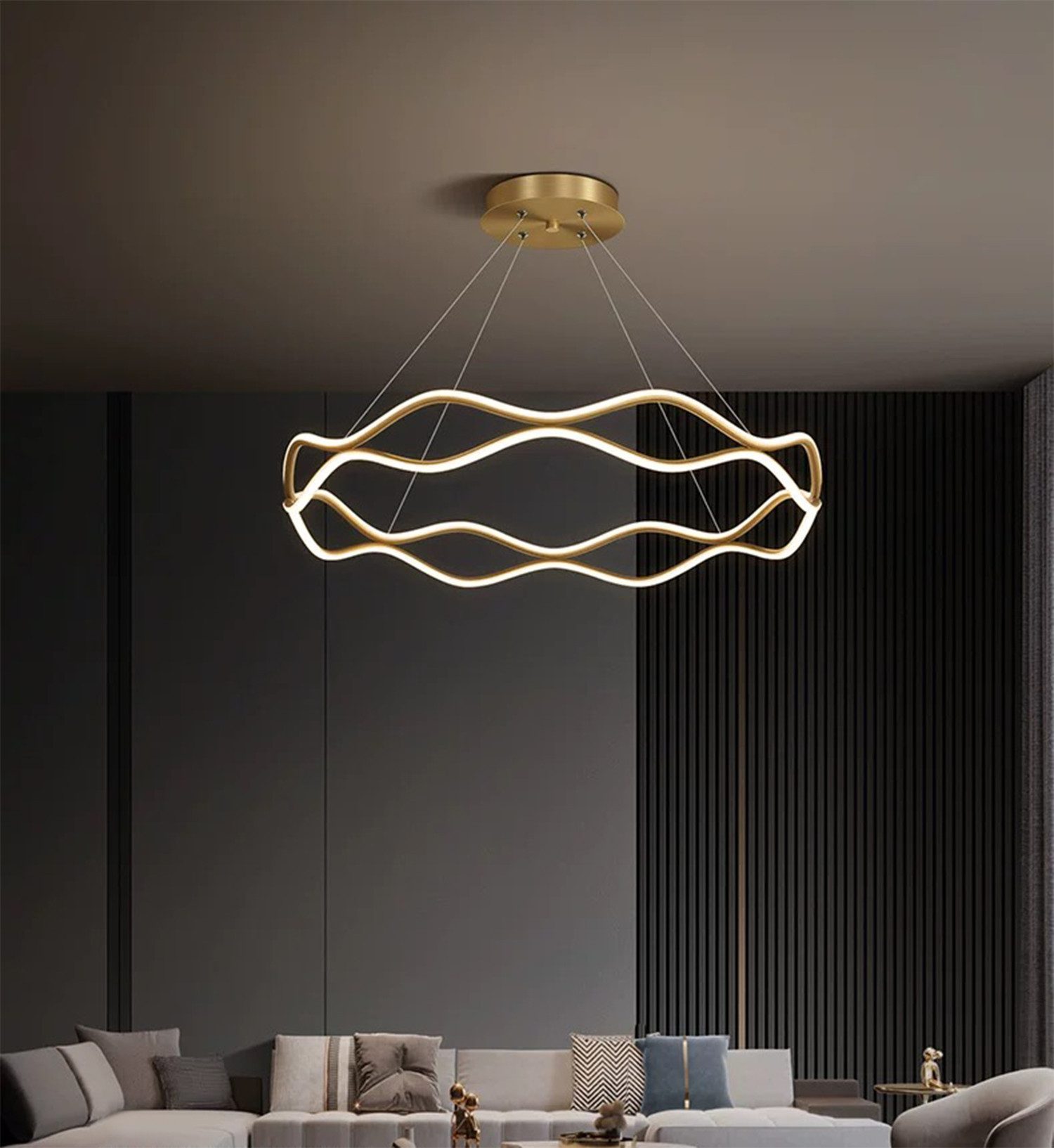 Ailiebe Design LED Pendelleuchte LED Pendelleuchte 40cm Gold Welle Krone Dimmbar, Fernbedienung, LED fest integriert – Bild 2 von 5