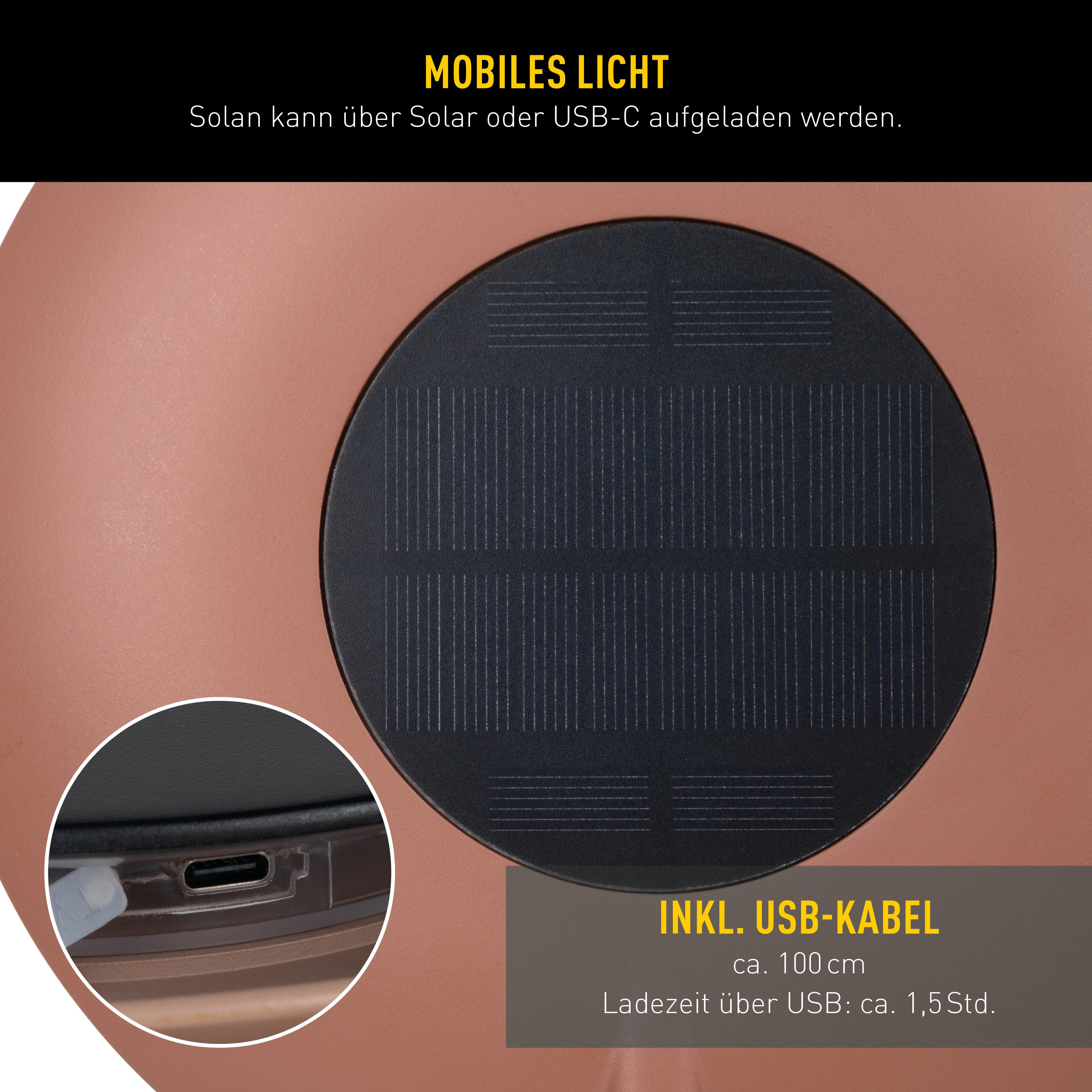näve LED Solarleuchte Solan, Dimmfunktion, USB-Ladefunktion, LED fest integriert, Warmweiß, 4in1 Akku-Solar-Tisch-Hängeleuchte, Touchschalter, USB, dimmbar