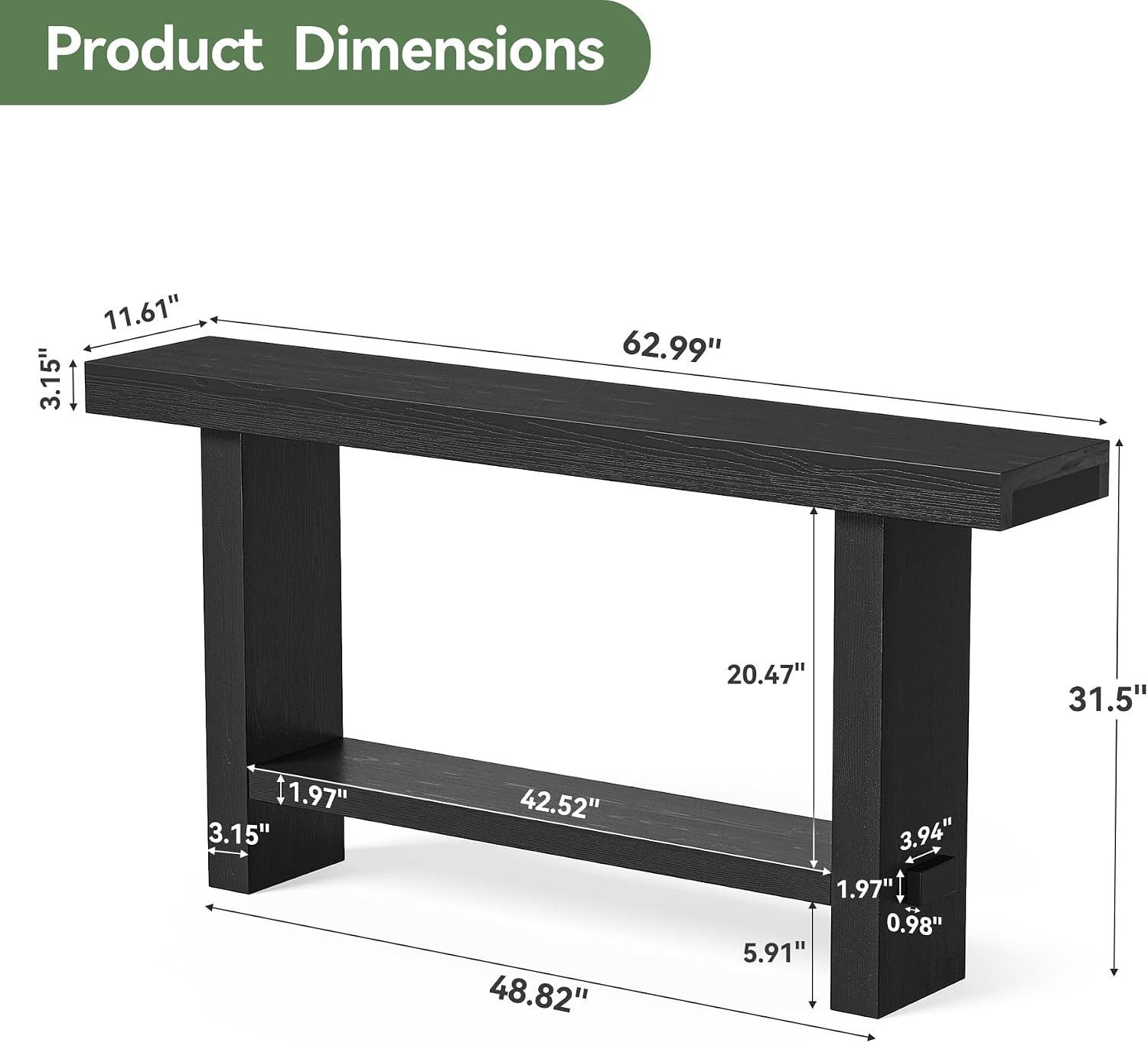 Tribesigns Konsolentisch Konsoltisch 160 cm Massivholz 2‑Ebenen Landhausstil Schwarz für Flur – Bild 2 von 5
