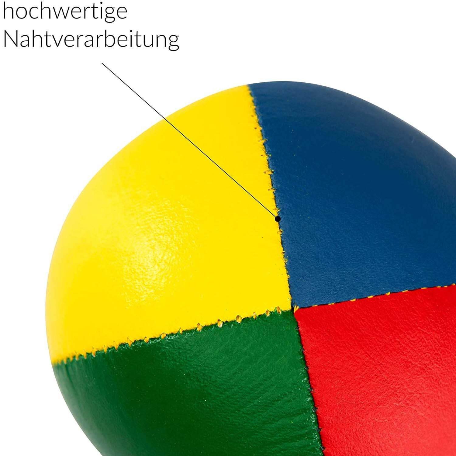 Diabolo Freizeitsport Jonglierball 3er & 5er Set, Jonglierbälle vierfarbig und zweifarbig (Balljonglage Set vierfarbig - Weiche Lernbälle für Einsteiger, 5-St., Koordinationsbälle 5 Stück - Softbälle zum Jonglieren Lernen), 5er Juggling Balls 58 mm, 90g - Profi Training mit Vogelhirse