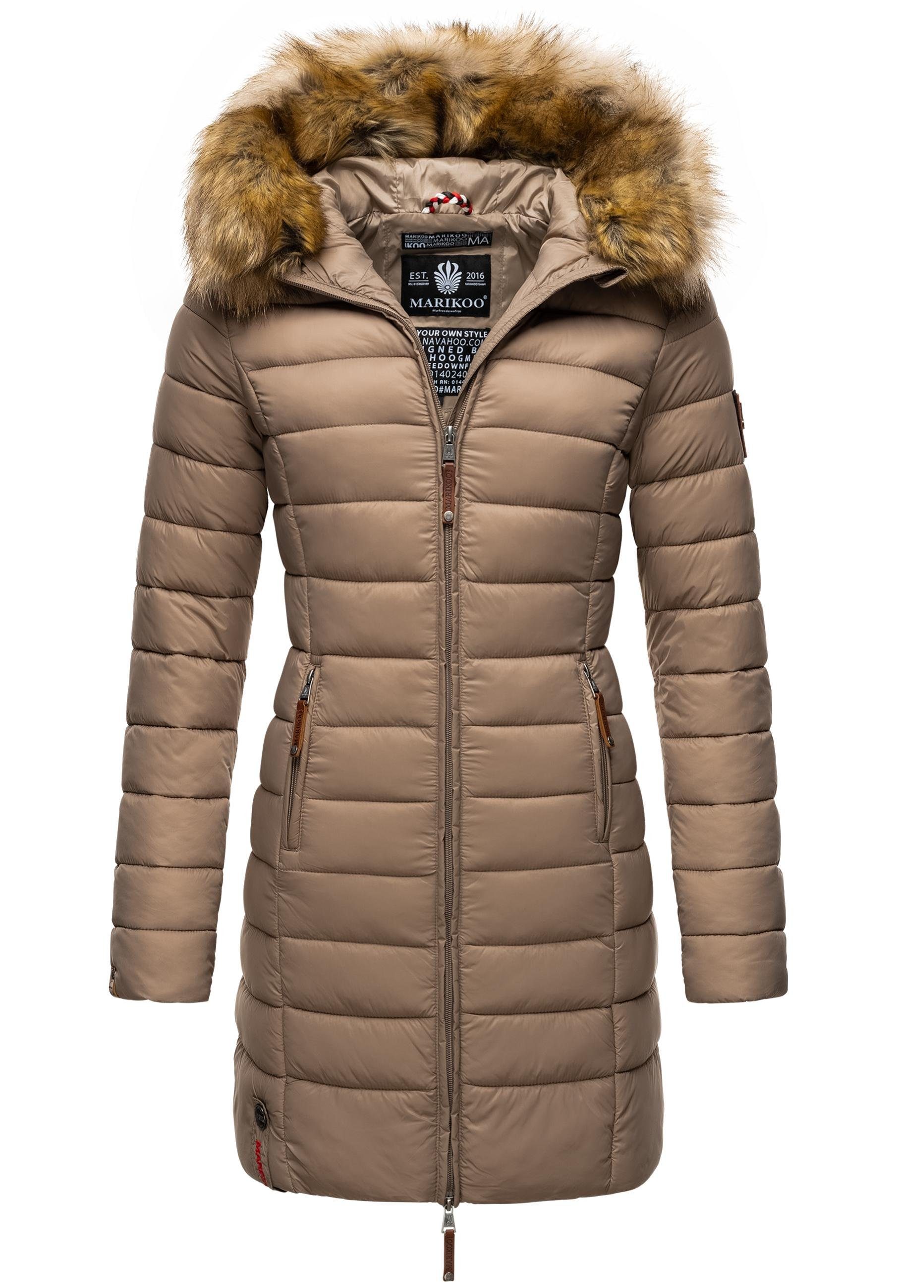 Marikoo Steppmantel Rose-Stepp zeitloser Winterparka mit großer Kunstfellkapuze taupe