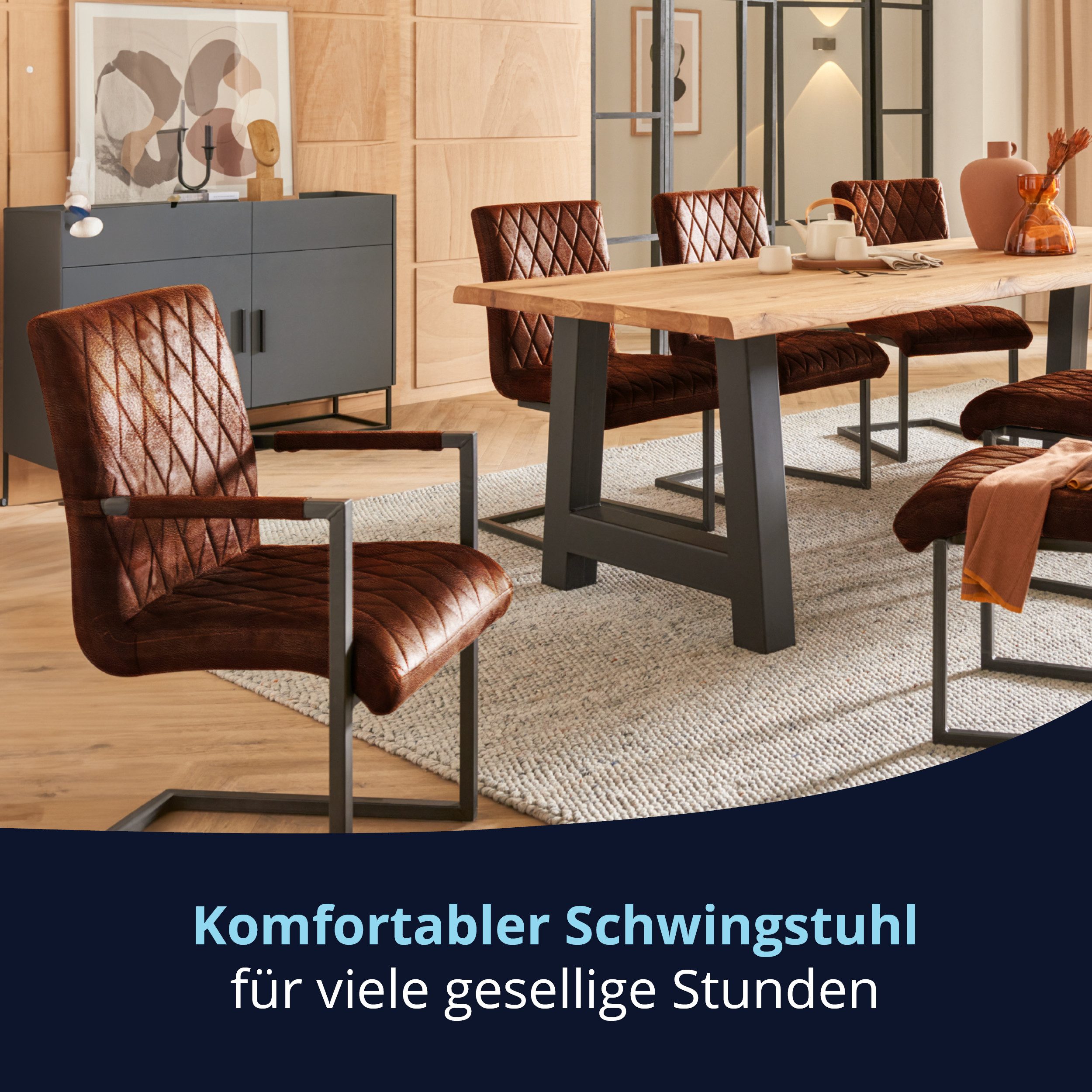 KHG Freischwinger Esszimmerstuhl Leder Braun, bis 110 kg belastbar, Vintage Stil, gepolstert, Nosag-Wellenfederung, Metallgestell Schwarz