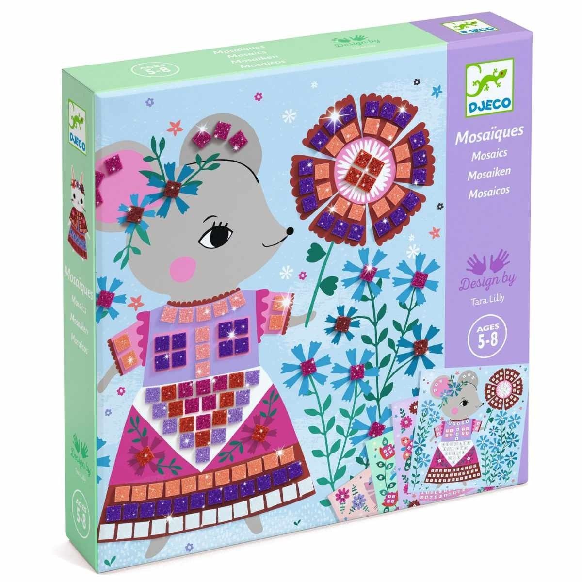 DJECO Kreativset Mosaik-Bastelset für Kinder ab 5, Tiermotive mit Moosgummi & Glitter