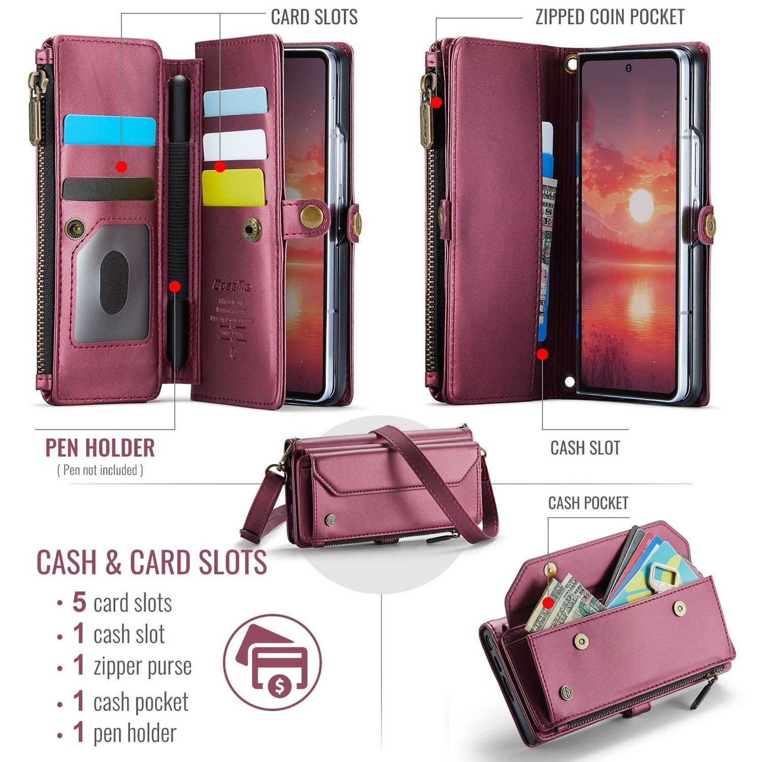 CaseMe Handyhülle Für Samsung Galaxy Z Fold7 5G Kunstleder C36 Multifunktion Hülle Rot, Zipper Wallet Hülle mit Kartenfächern, RFID-Schutz und Tragegurte