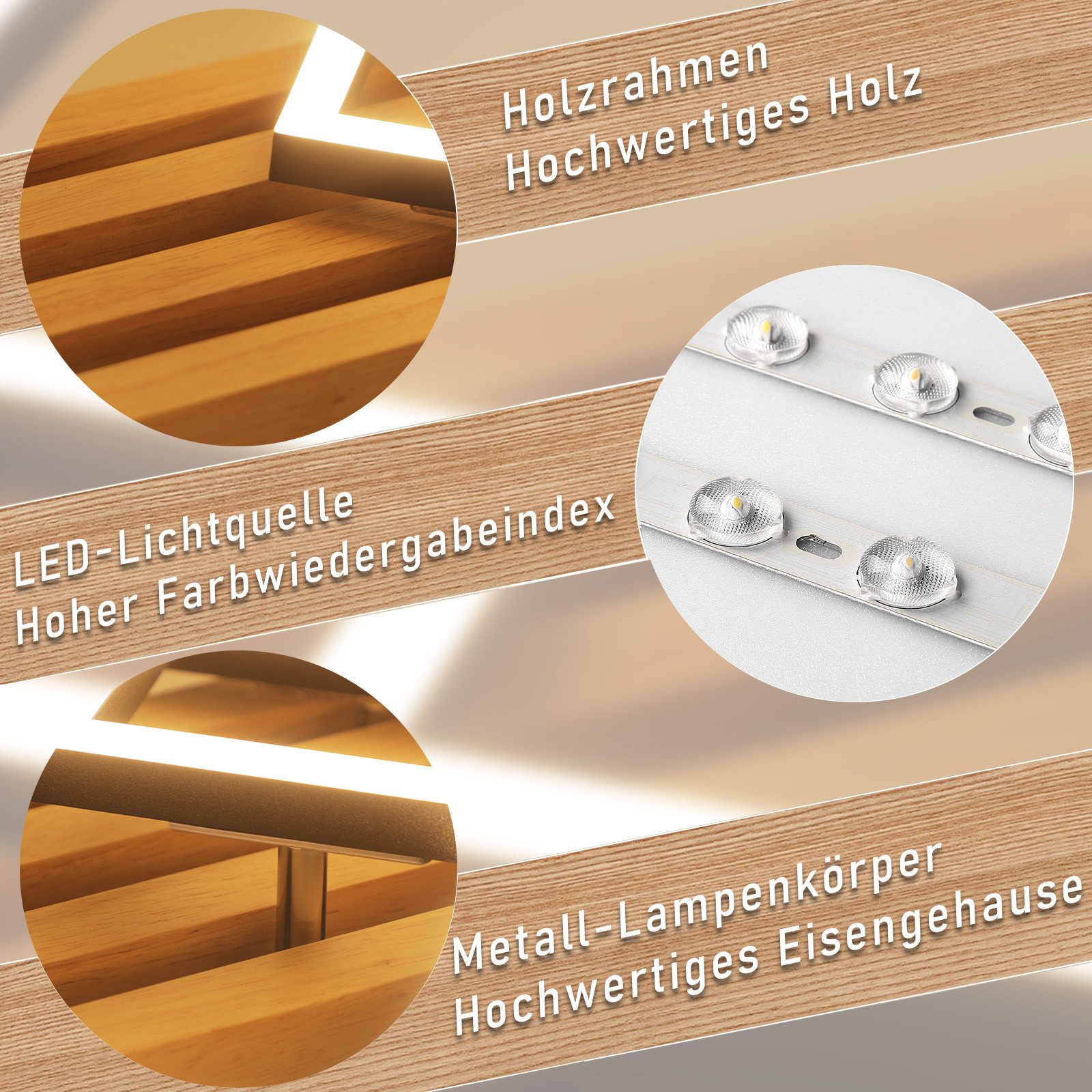 Nettlife LED Deckenleuchte Dimmbar Holz 2/3/4 Ringe Modern Deckenlampe Wohnzimmer, LED fest integriert, 46W 71.6*41.6*8.8CM für Schlafzimmer Büro Küche – Bild 5 von 5