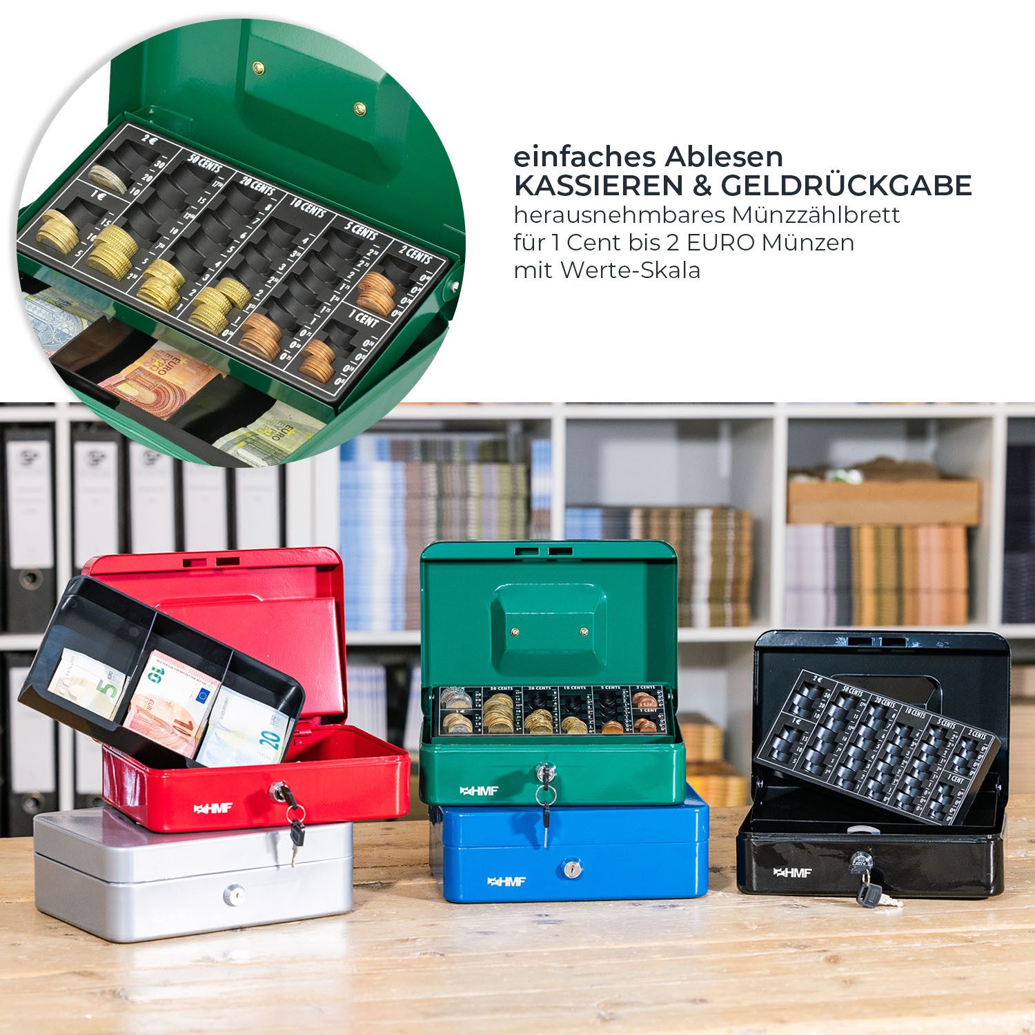 HMF Geldkassette Bargeldkasse mit herausnehmbarem Münzzählbrett und Scheinfach, robuste Geldbox mit Schlüssel, 25 x 18 x 9 cm, grün