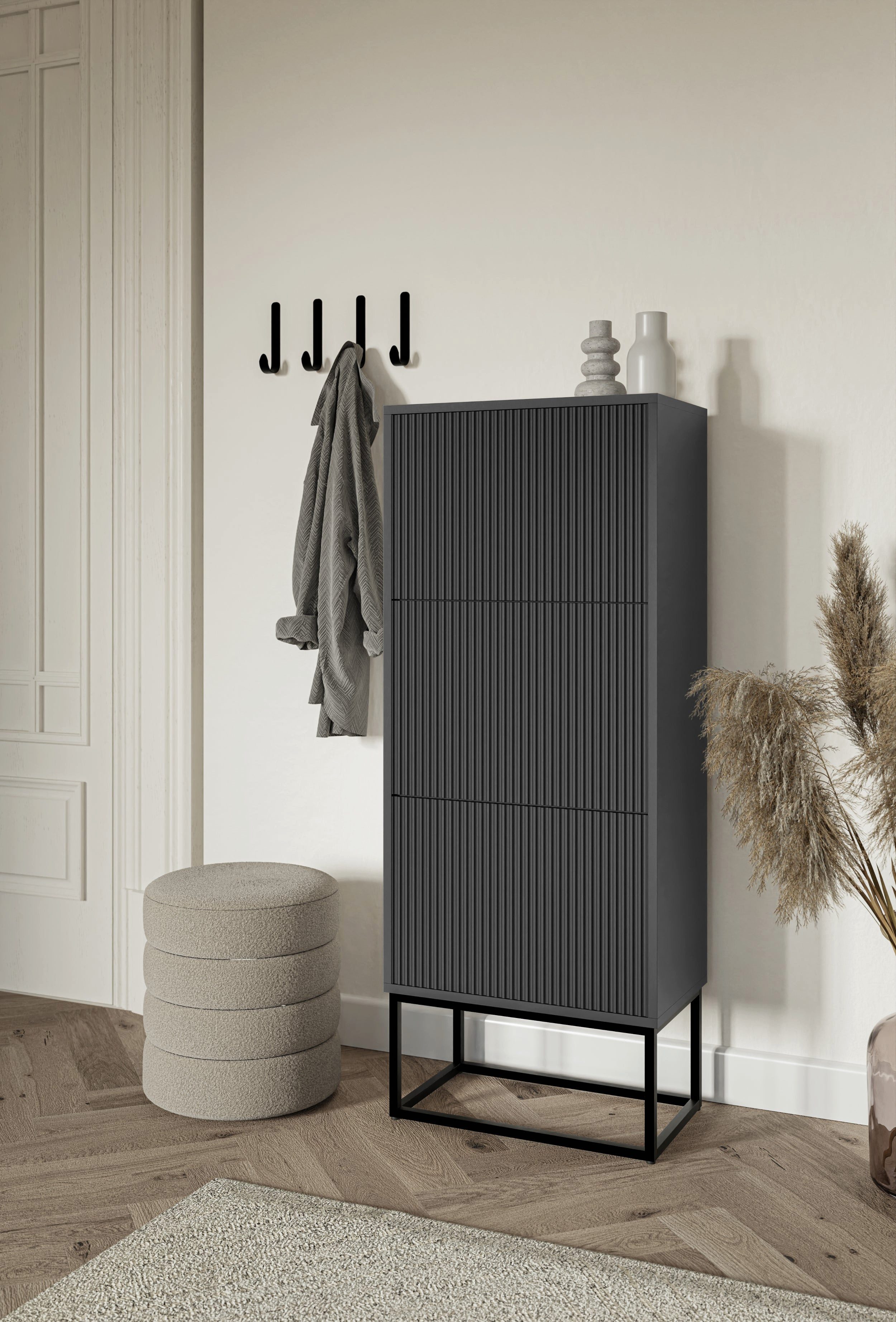 Selsey Schuhschrank VELDIO 3 Klappen mit geriffelten Fronten, schwarzes Metallgestell, 50 cm