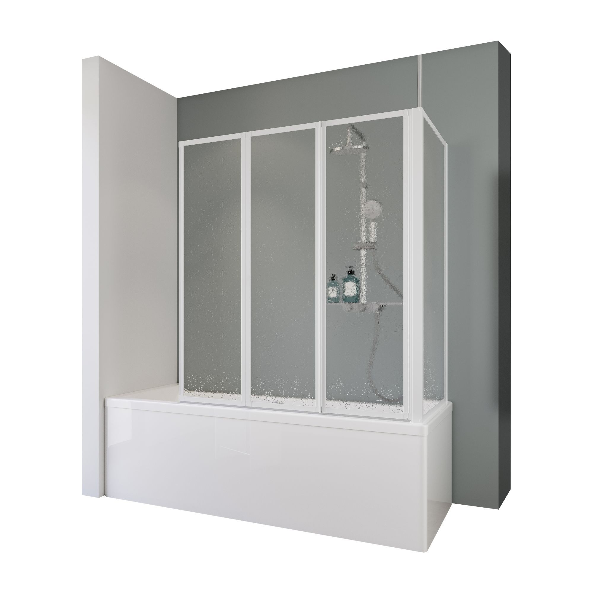 Schulte Badewannenfaltwand Well, Kunstglas, 129x140 cm, 3 tlg + Festelement, Tropfen Dekor, Weiß