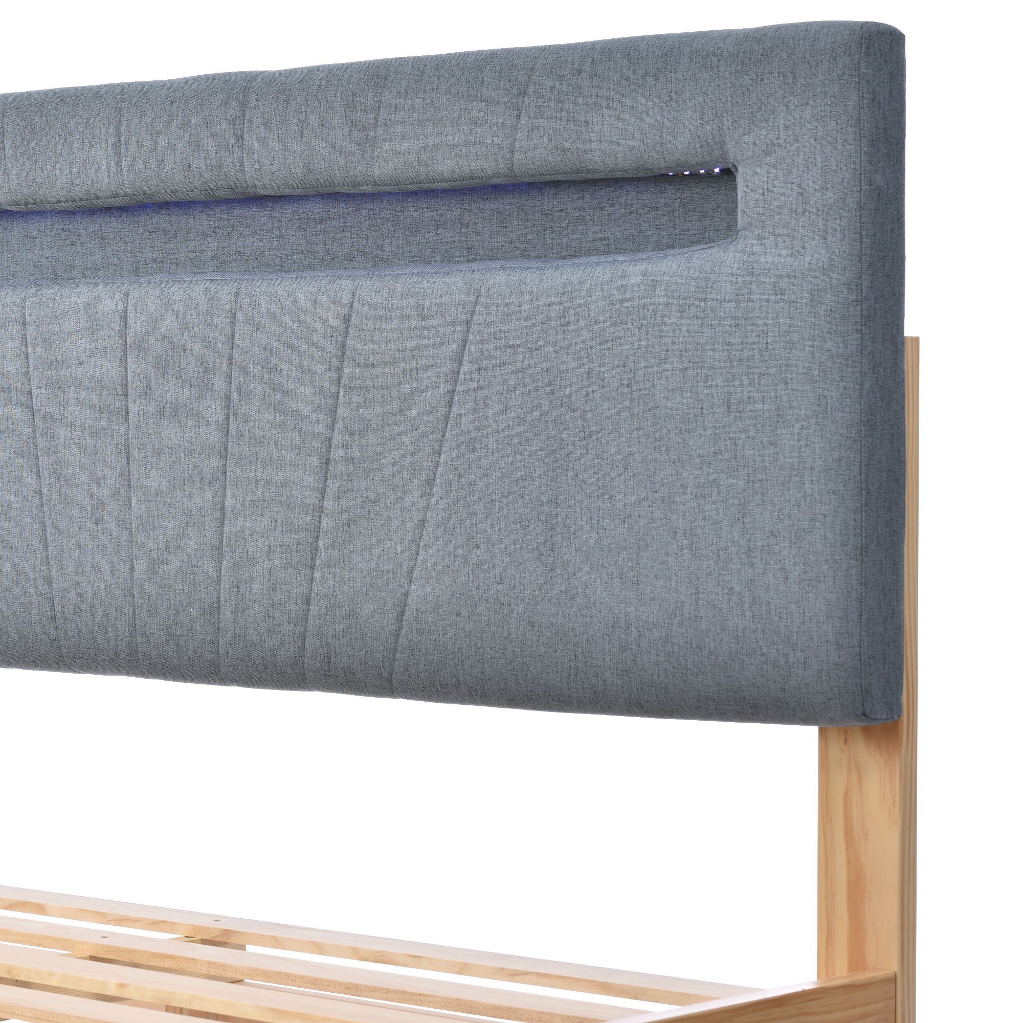 Massivholzbett (Doppelbett Jugendbett), mit LED-Beleuchtung & Polsterkopfteil, 140x200cm