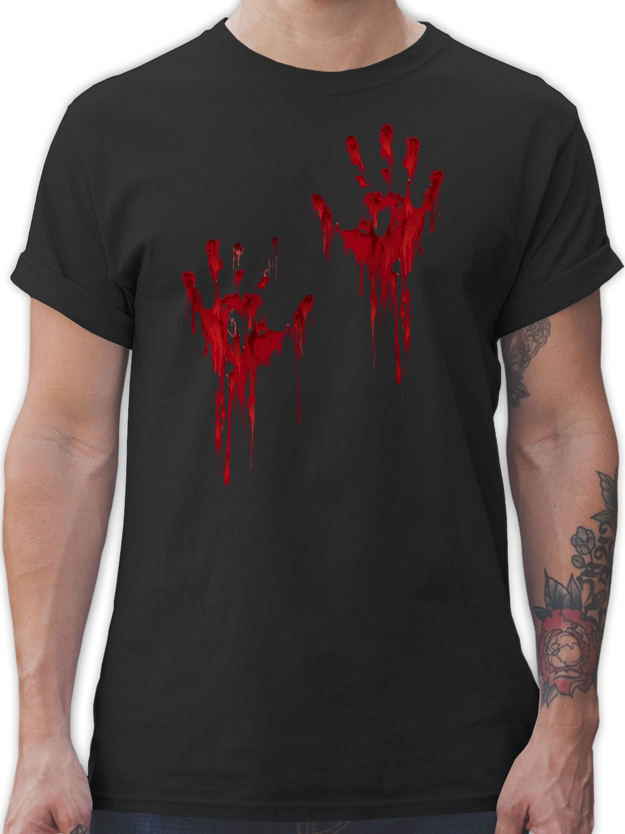 Shirtracer T-Shirt Blutige Hände Blut Handabdruck Blutverschmiert Blutiges Blutspritzer H Halloween Kostüme Herren 01 Schwarz