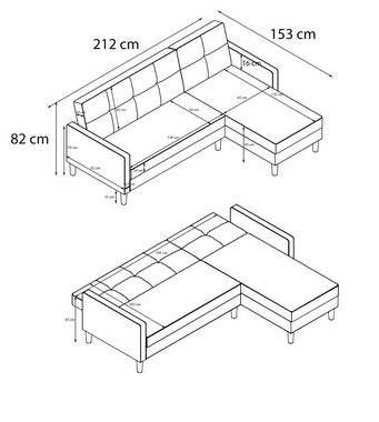 Dorel Home Ecksofa Lilly, mit Bett-Funktion, Recamiere beidseitig montierbar, Sitzhöhe 43 cm