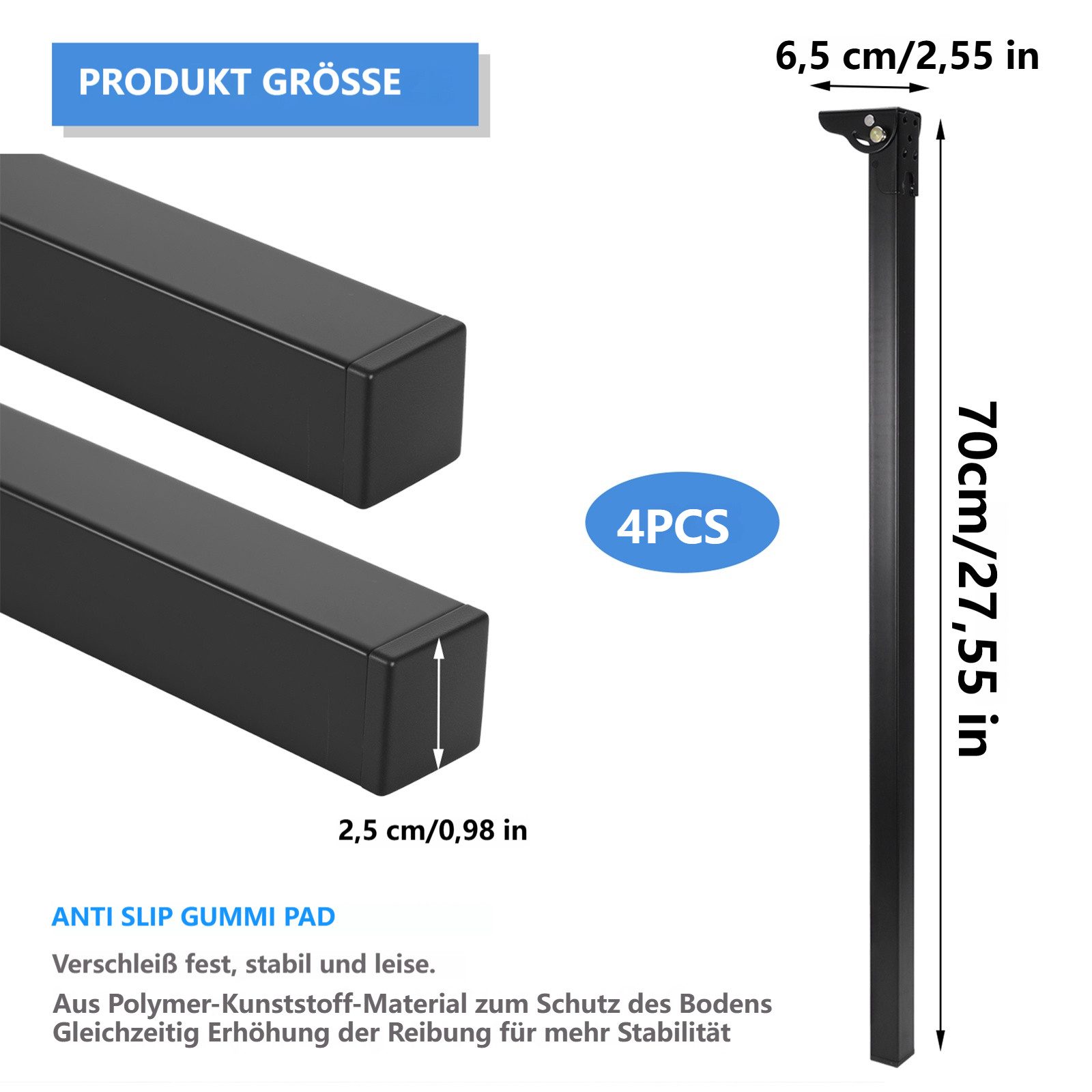 BlingBin Tischbein 4er Set 70cm Klapptischbeine aus Eisen, faltbare Tischfüße Schwarz, Robuste klappbare Tischbeine mit Gummifüßen für sicheren Stand