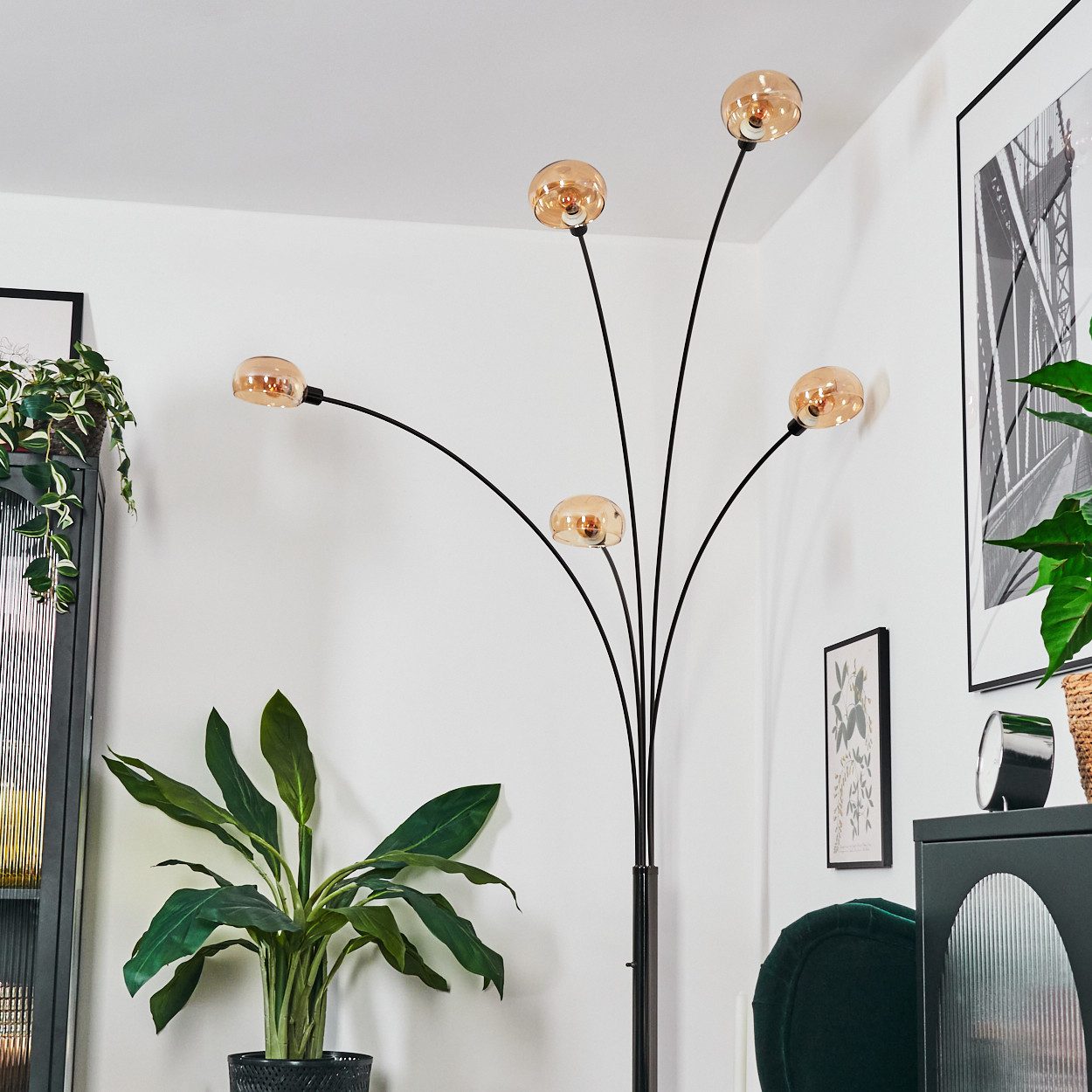 hofstein Stehlampe Stehlampe Metall in Schwarz/Chrom/Bernstein im Retro/Vintage-Design, verstellbare Stehleuchte mit Marmorfuß und Schalter am Gehäuse, E14