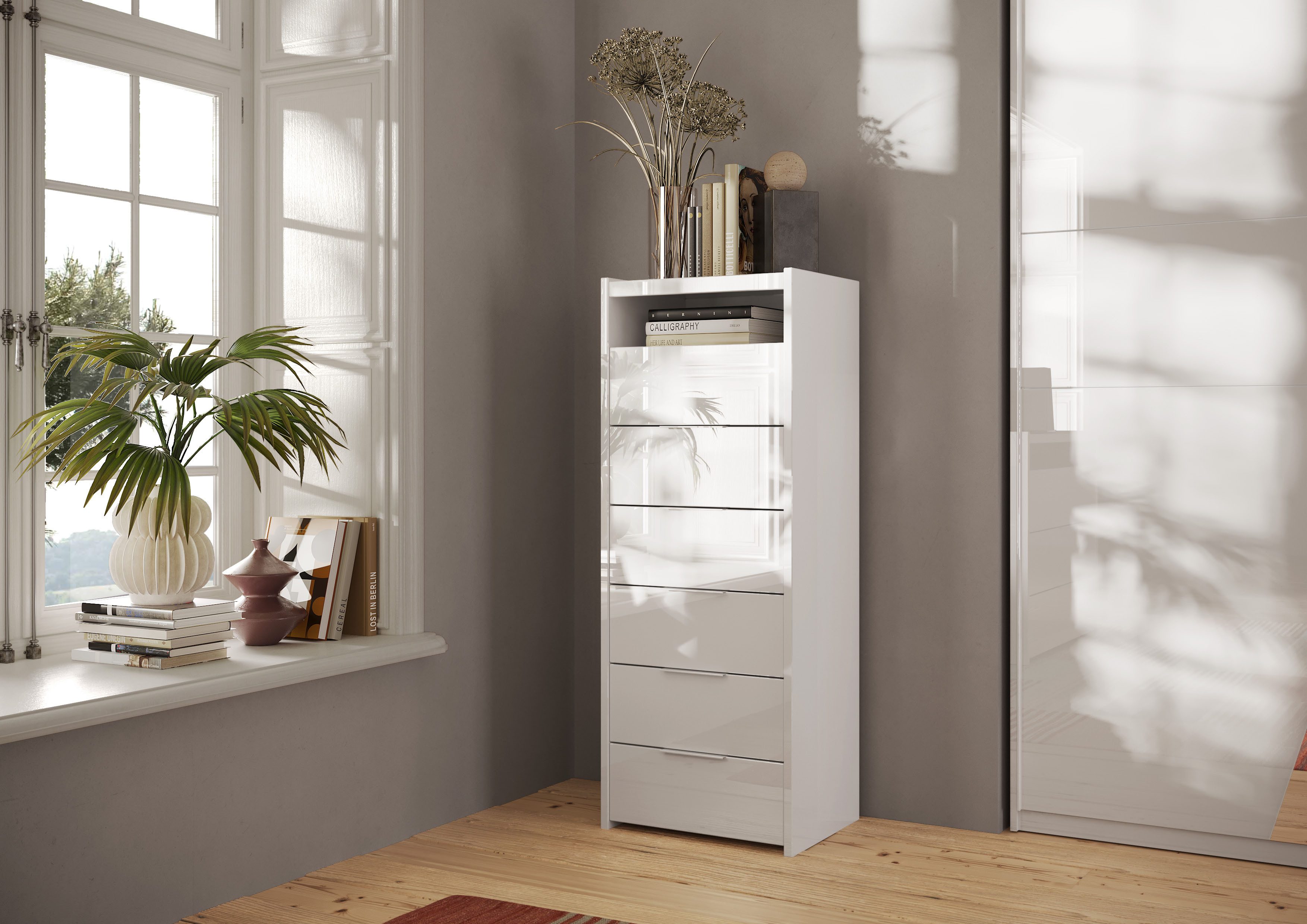 Home affaire Kommode Malmo, Schubkastenkommode B/T/H 52/40/135 cm, mit 6 Schubkästen, offene Ablage, Top 22 mm stark, Metallgriff, Weiss Hochglanz Lack