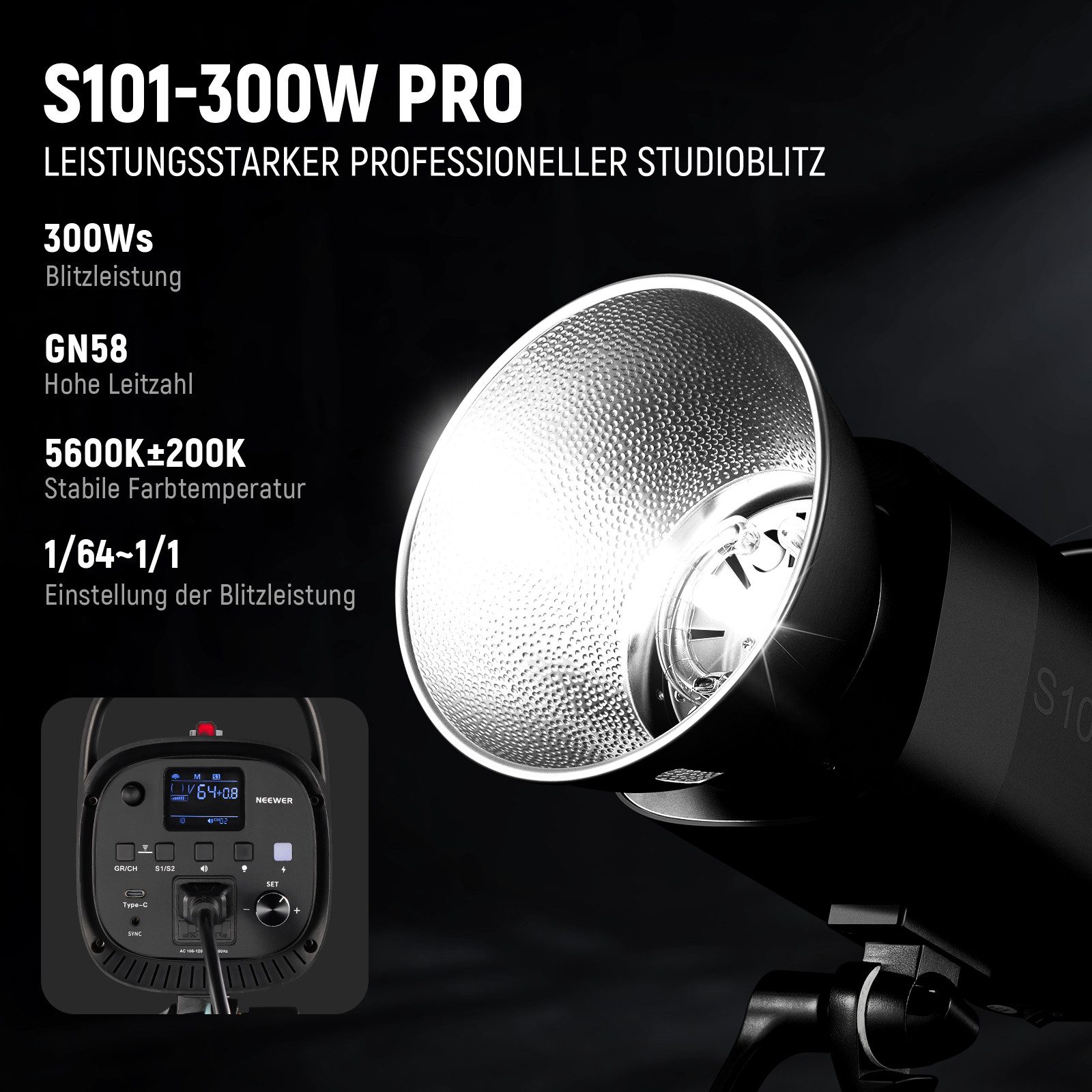 Neewer Studioleuchte S101-300W PRO 600Ws Studio Monolight Strobe Flash Set 2-Pack, 5600K Blitzlicht Studio Kit, mit 2,4G Auslöser Bowens Mount Softboxen