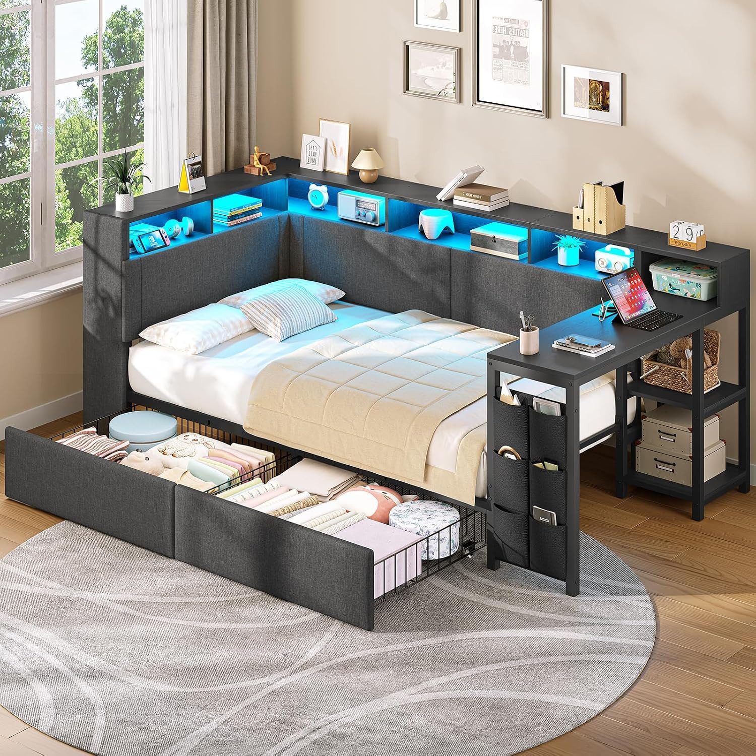 MSMASK Polsterbett L-Form mit LED-Beleuchtung, Ladestation & Schreibtisch, Schlafsofa, Jugendbett mit 2 Schubladen und 6 Staufächern, 90x200cm
