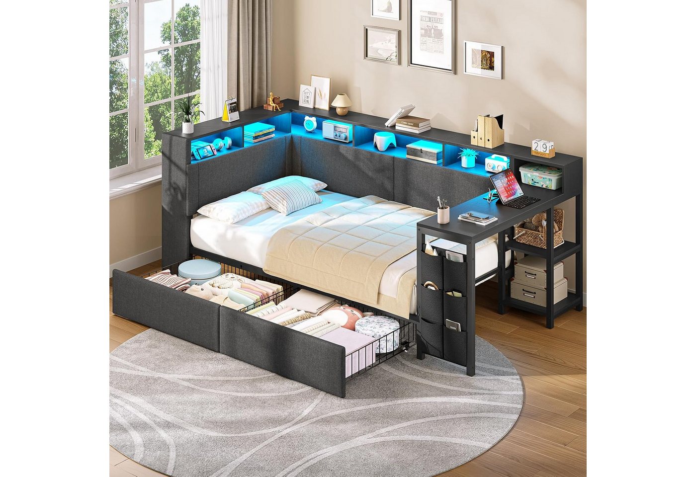 MSMASK Polsterbett mit LED-Beleuchtung, Ladestation & Schreibtisch, Schlafsofa, Daybett, Jugendbett mit 2 Schubladen und 6 Staufächern, 90x200cm