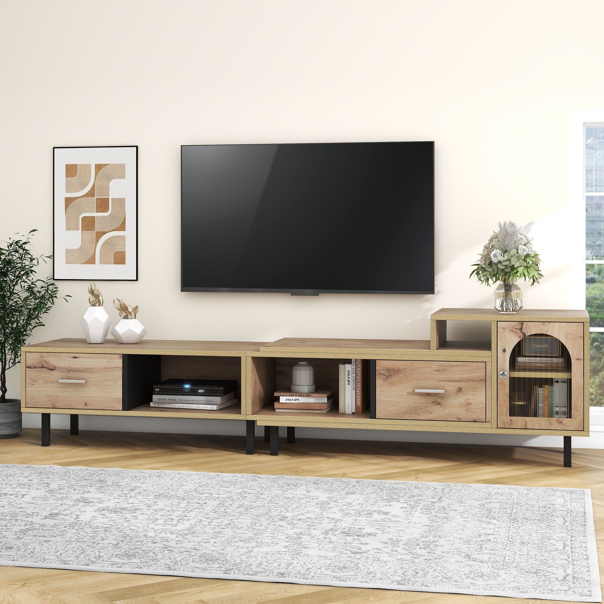 WISHDOR Lowboard TV-Schrank (TV-Board mit 2 Schubladen und 3 offenen Fächer, Länge verstellbar 200-278cm), TV-Schrank mit Glastür