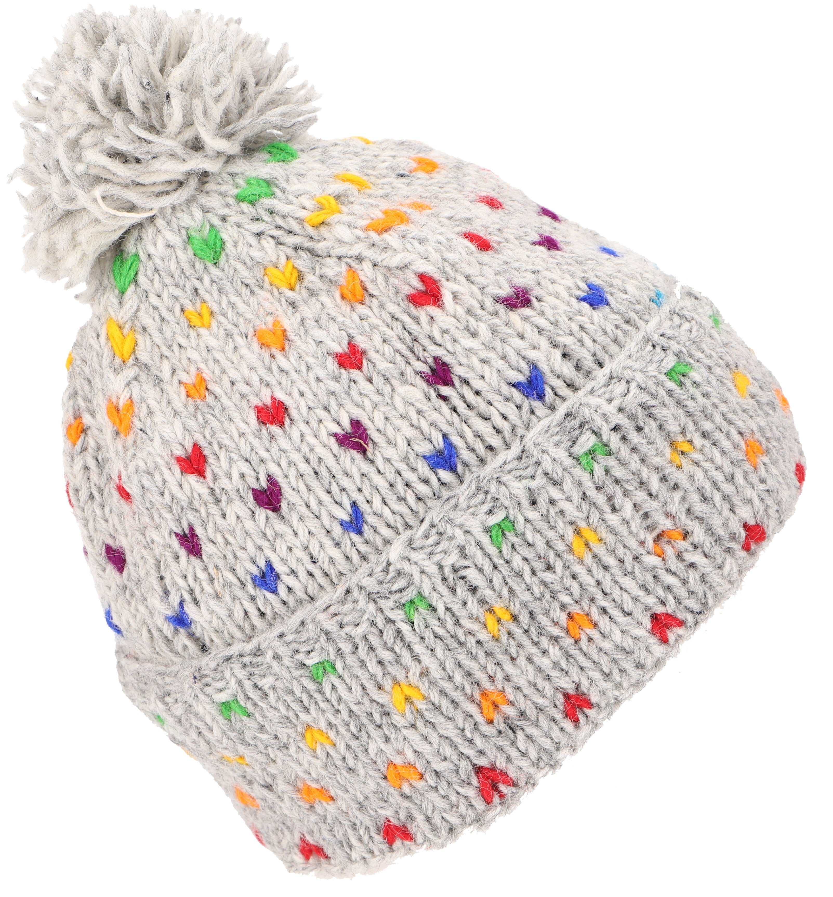 Guru-Shop Strickmütze Mütze, Bommelmütze Beanie aus Nepal, bunte.. grau/regenbogen