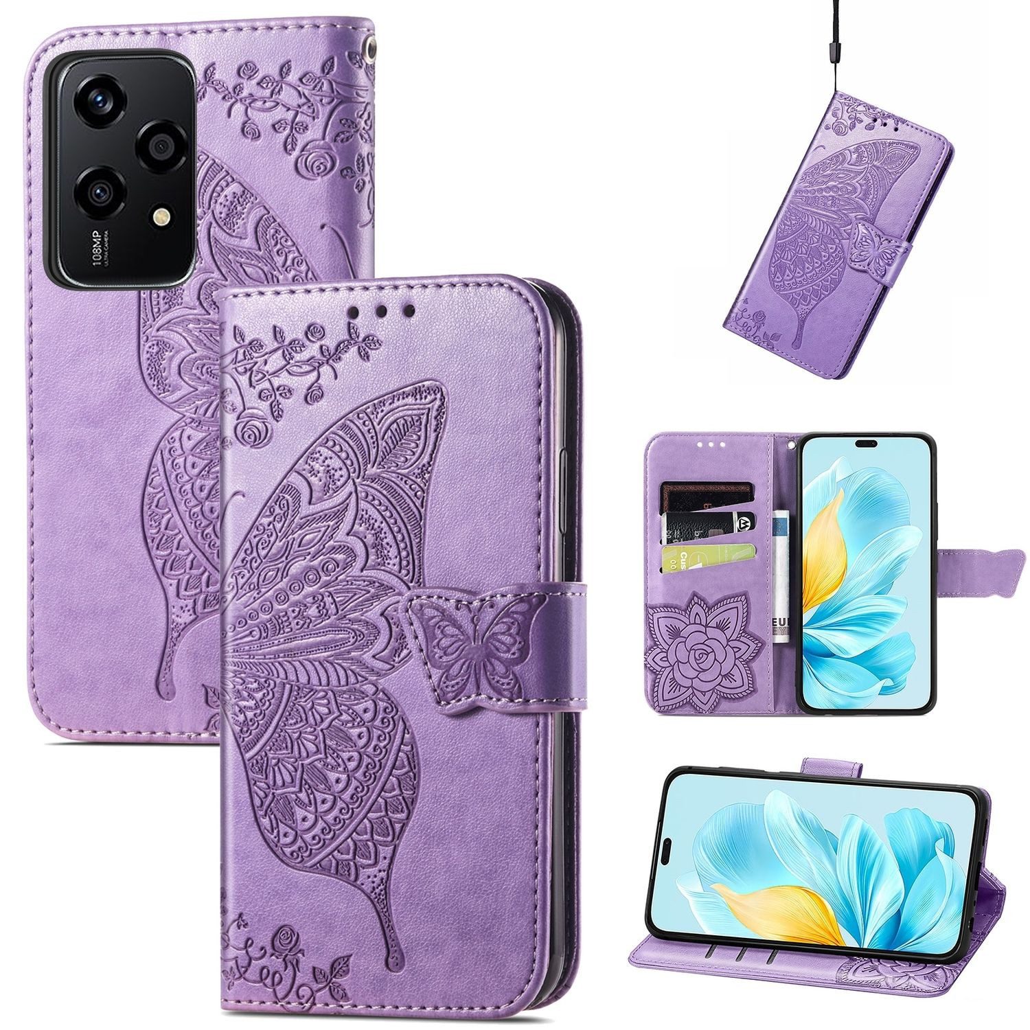 Wigento Smartphone-Hülle Für Honor 200 Lite Kunstleder Wallet Schmetterling Hülle Hell-Lila, Kunst-Leder Schutzhülle Smart Case Cover magnetischer Verschluss