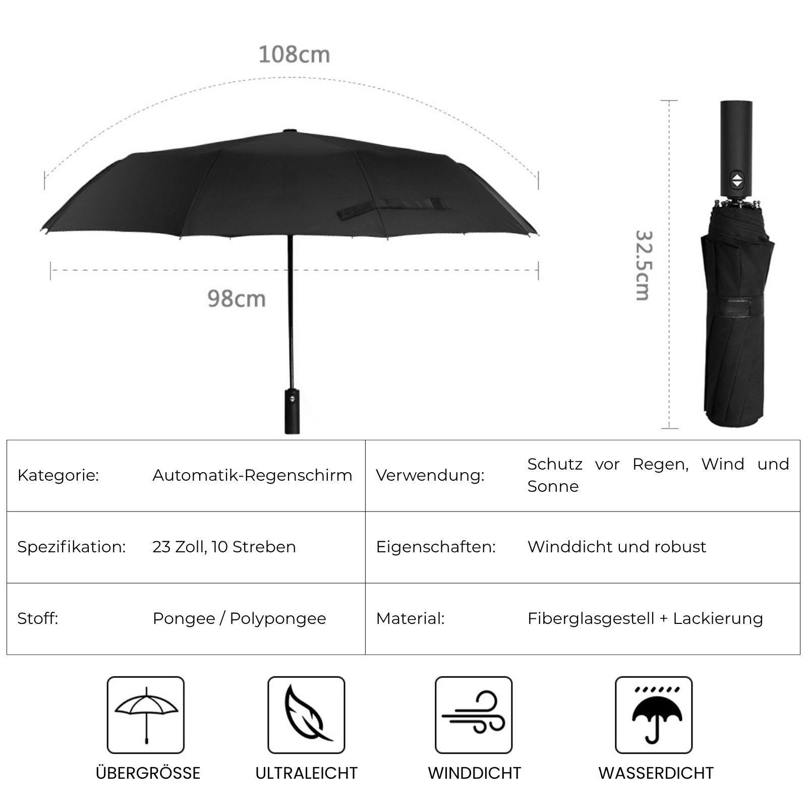 KONO Taschenregenschirm Automatik Regenschirm, 1-Klick Öffnen & Schließen, Schwarz, Leicht, Robust