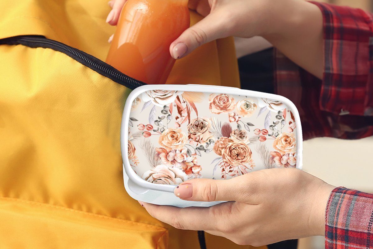 MuchoWow Lunchbox Rosen Kunststoff, Orange Kinder für Mädchen Erwachsene, - Rot, und weiß Jungs für (2-tlg), - Brotdose, Brotbox und - Braun