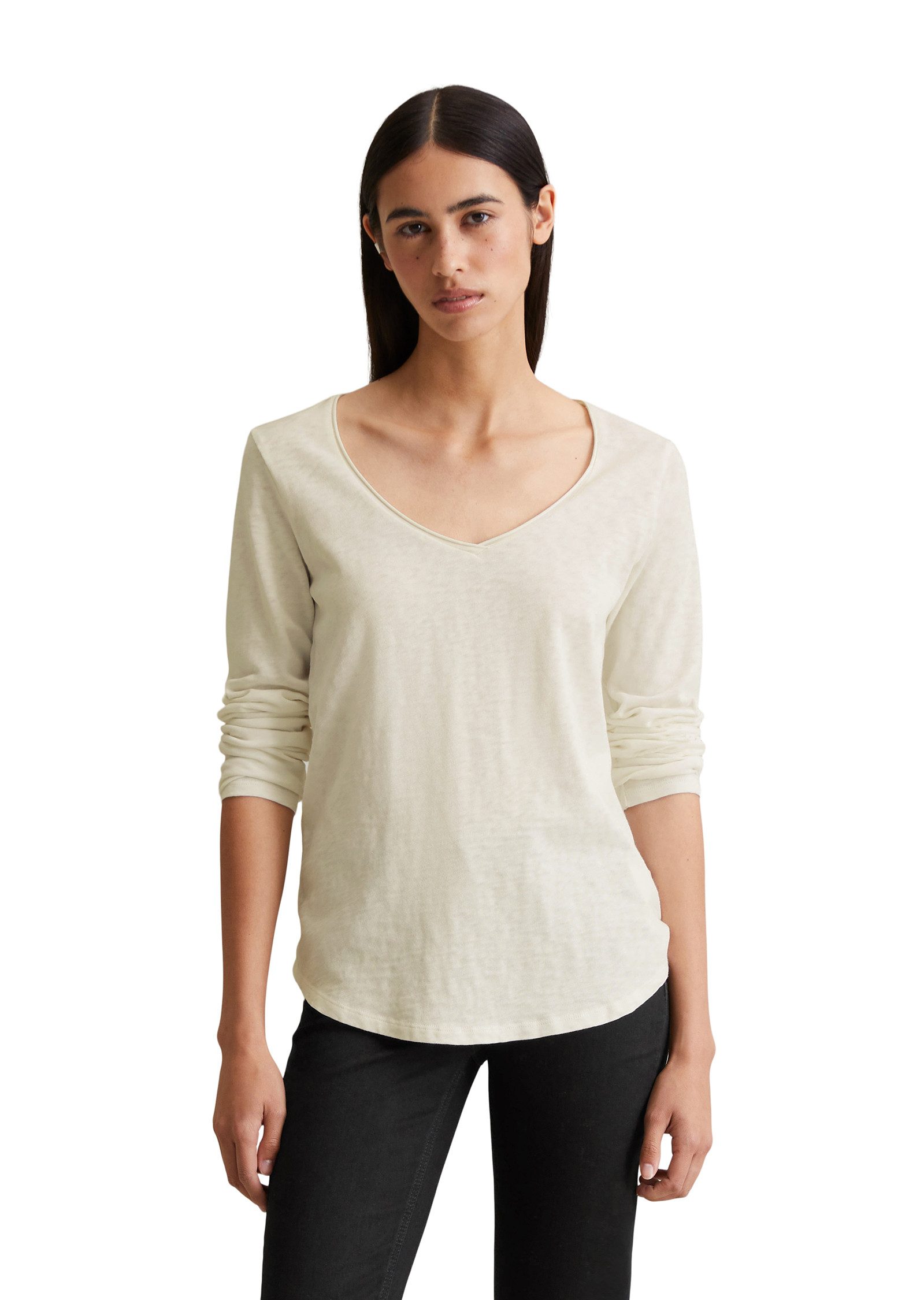 Marc O'Polo DENIM Langarmshirt mit Rollkante am V-Ausschnitt günstig online kaufen