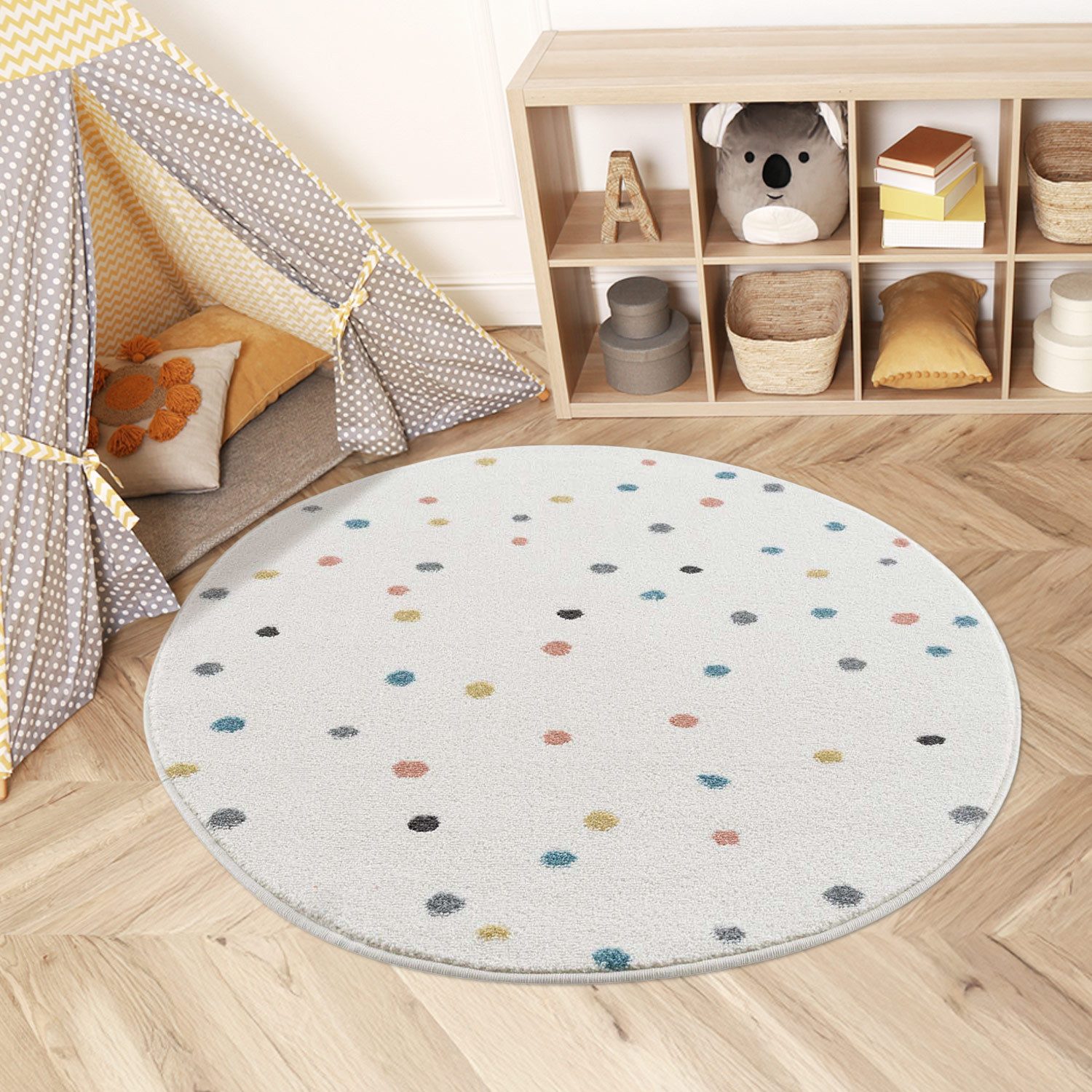 Carpet City Kinderteppich Anime9396, rund, Höhe: 11 mm, Spielteppich, Bunte Punkte, Weicher Flor, Pflegeleicht, Kinderzimmer