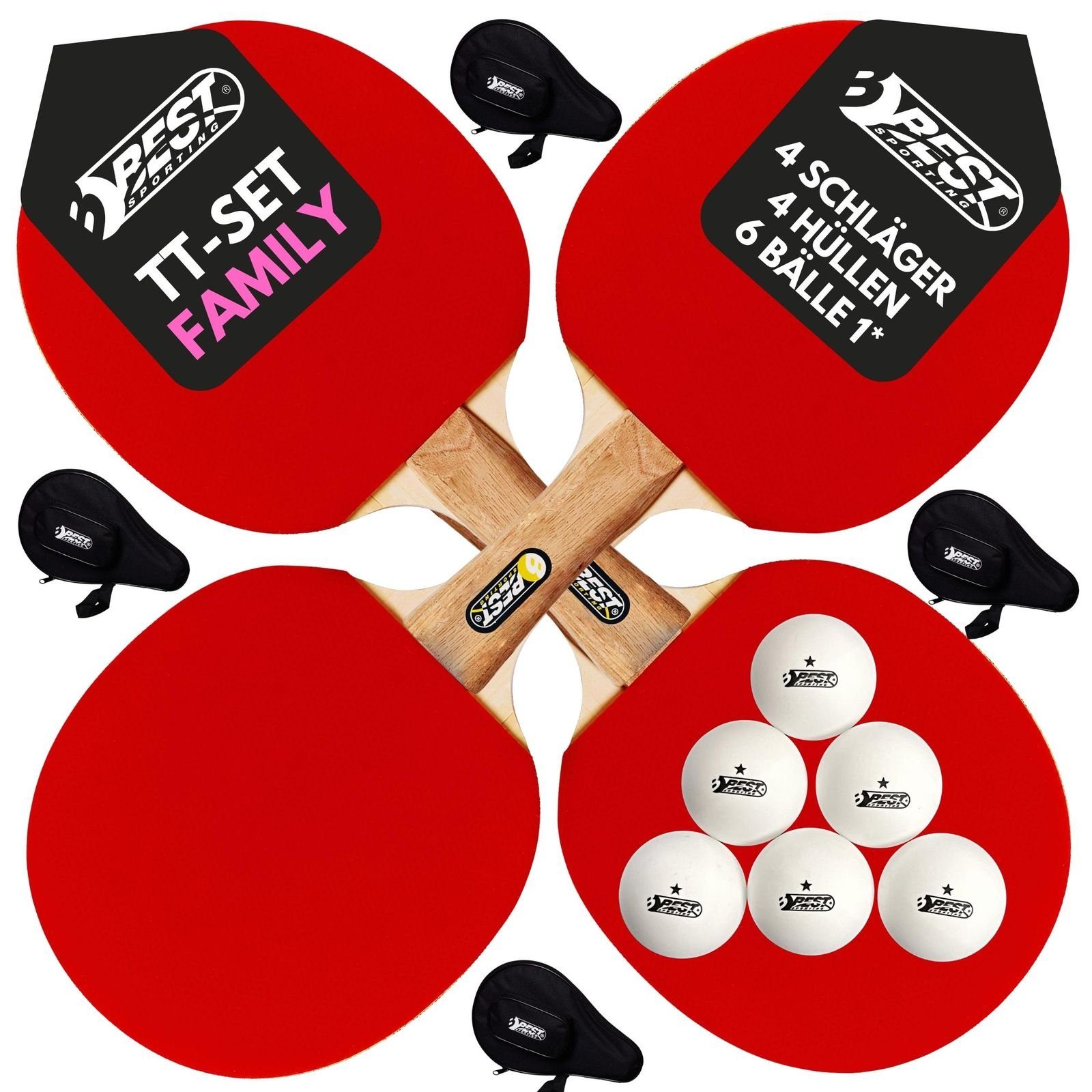 Best Sporting Tischtennisschläger Set FAMILY - 4 Schläger, 4 Taschen und 1* Tischtennisbälle (9-teiliges wertiges Tischtennis Set I Tischtennissets I Table Tennis Racket)