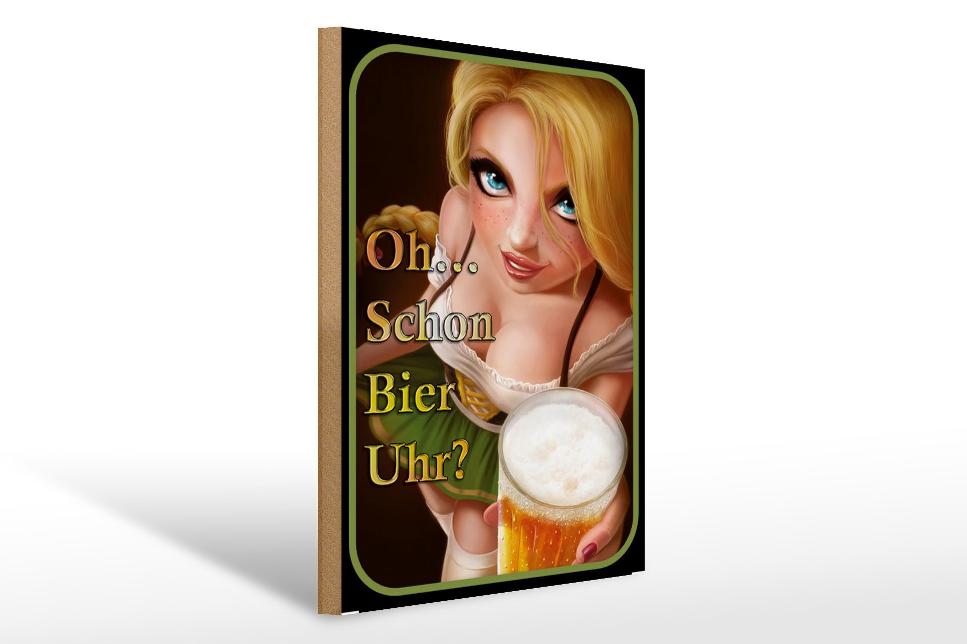 Holzbild Spruch 30x40cm Pinup Oh schon Bier Uhr ?