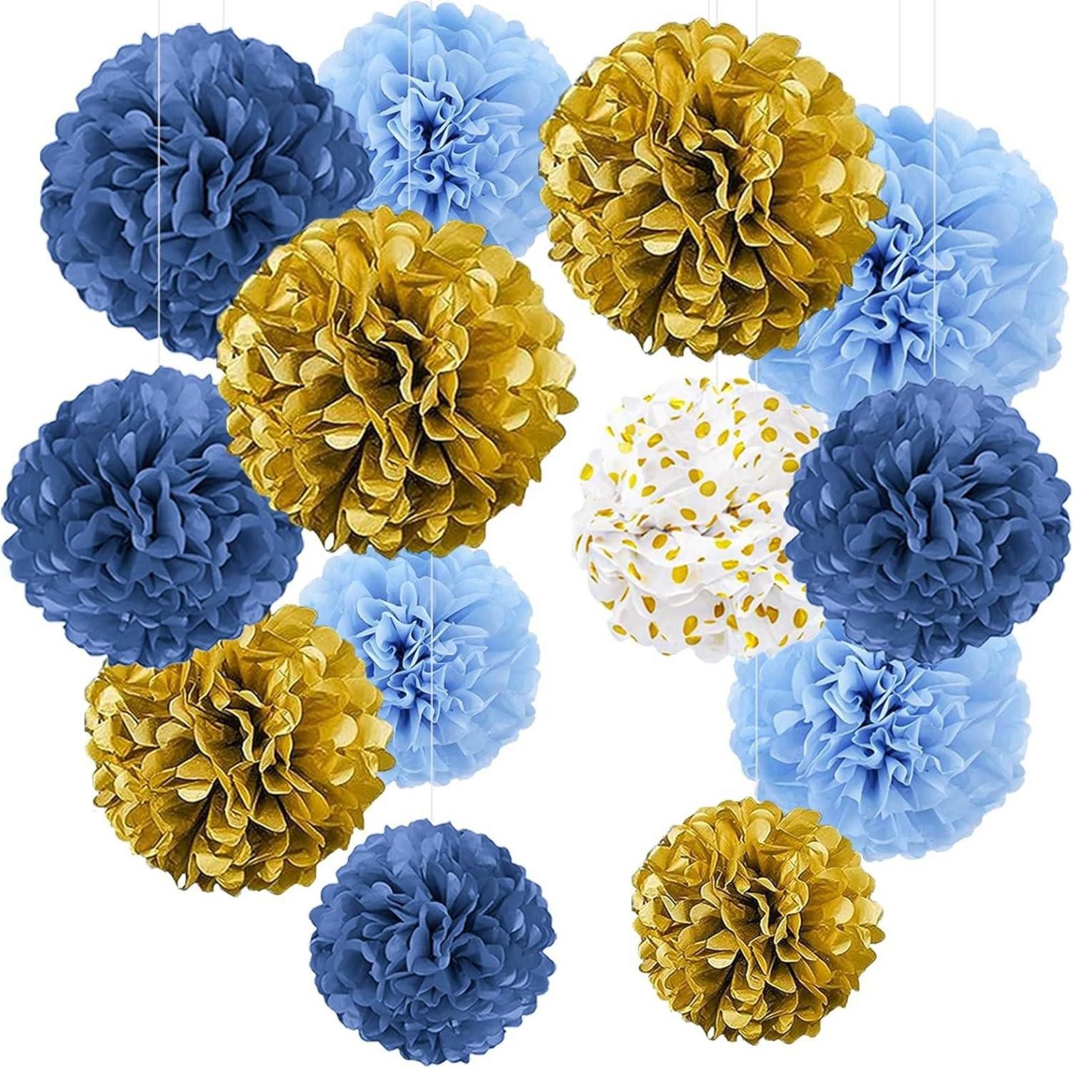 Hängedekoration Pompons Deko Seidenpapier Lampions Hochzeit Einschulung Gold Blau