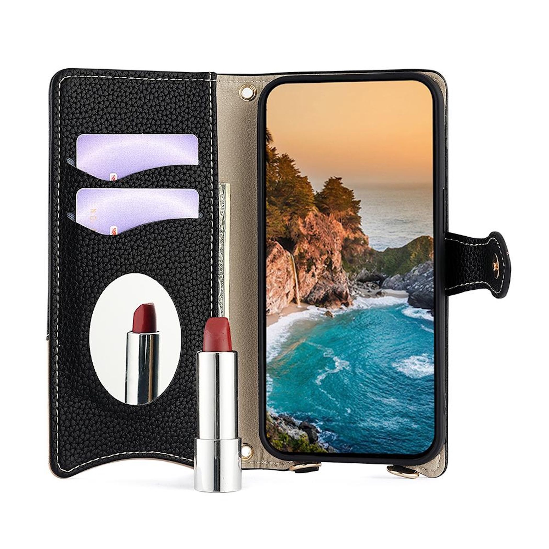 Wigento Handyhülle Für Samsung Galaxy A17 5G Crossbody Kunstleder Schutz Tasche Schwarz, Wallet Case mit Spiegel, Kartenfächern und Umhängekette