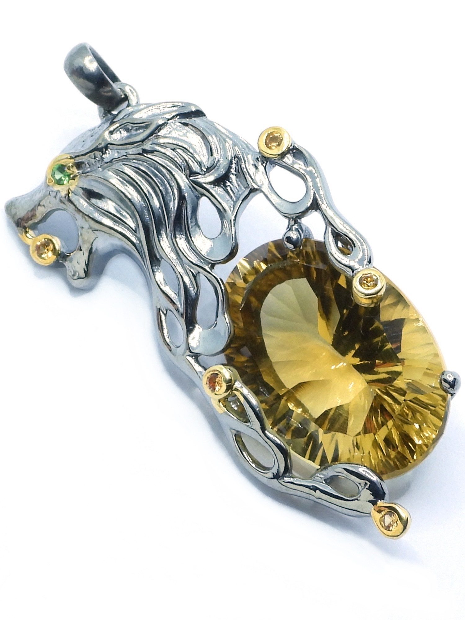Goldene Hufeisen Kettenanhänger 17ct Citrin Saphir Granat Löwe Anhänger 925 Silber, Rhodiniert und teil Gelbgold vergoldet
