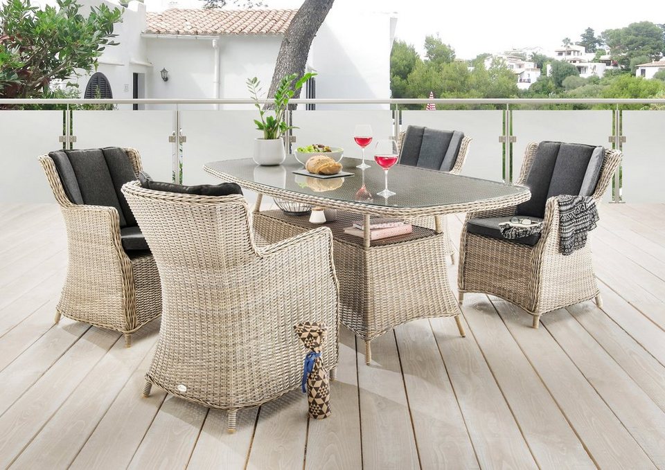 Destiny Garten-Essgruppe LUNA, (Set, 13-tlg), Polyrattan, 4 Sessel, Tisch  200x100x75 cm, inkl. Auflagen, Wertiges handverarbeitetes hochwertige  Halbrundgeflecht aus Polyrattan