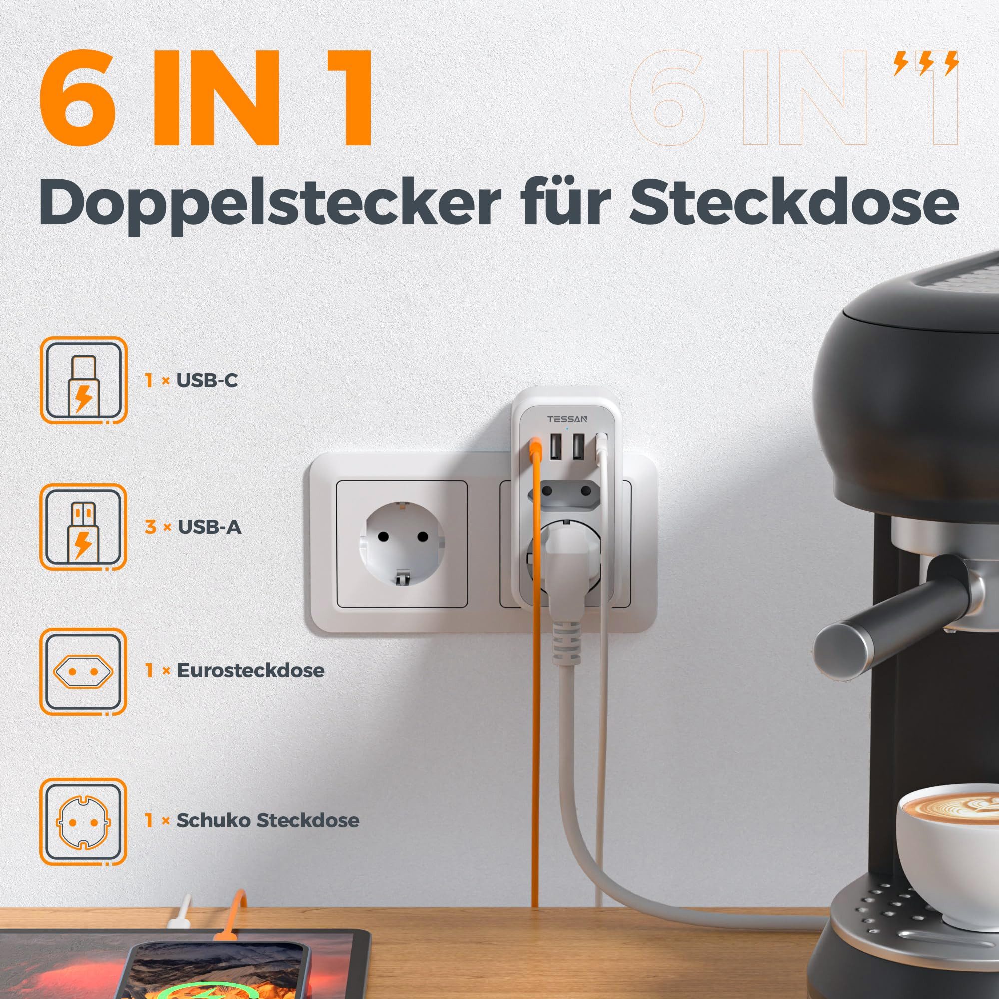 TESSAN 2fach Steckdosenadapter 3600W, Doppelstecker für Steckdose mit 4 USB Mehrfachsteckdose 2-fach (3600W Mehrfachstecker, USB-Anschlusse)