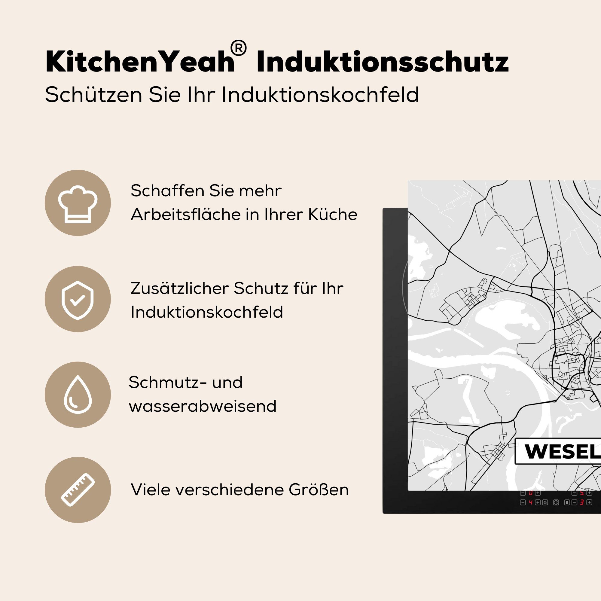 cm, küche Stadtplan (1 Ceranfeldabdeckung, - Vinyl, Herdblende-/Abdeckplatte MuchoWow Wegbeschreibung, - Deutschland - - Wesel tlg), Arbeitsplatte 78x78 für Karte