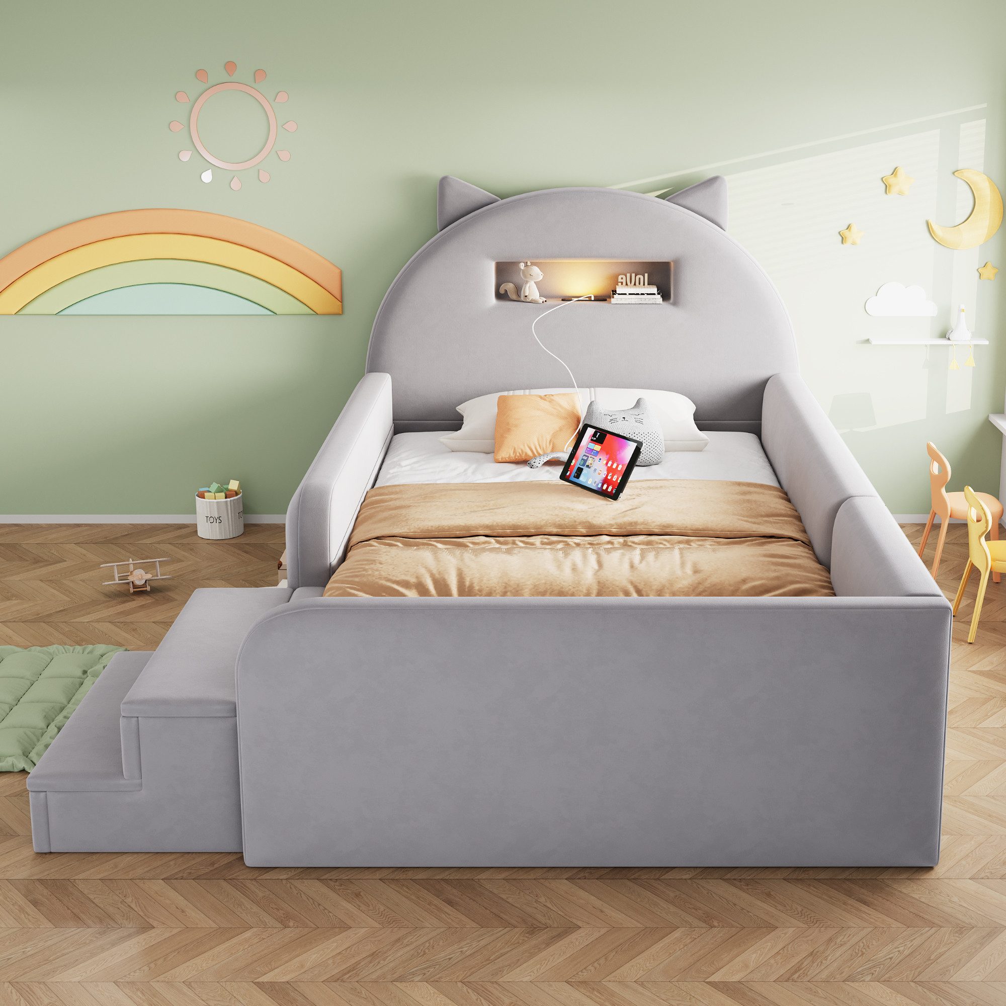 STILVORA Polsterbett 90×200 mit Stauraum Funktionbett Kinderbett, ohne Matratze (Jugendbett, USB-Anschluss, Nachtlicht, 4 Schubladen, Samtbezug, Ohrkopfteil, Stufenbank, Komfortpolster, hautfreundlicher Samt), für Kinderzimmer, Jugendzimmer, Gästezimmer