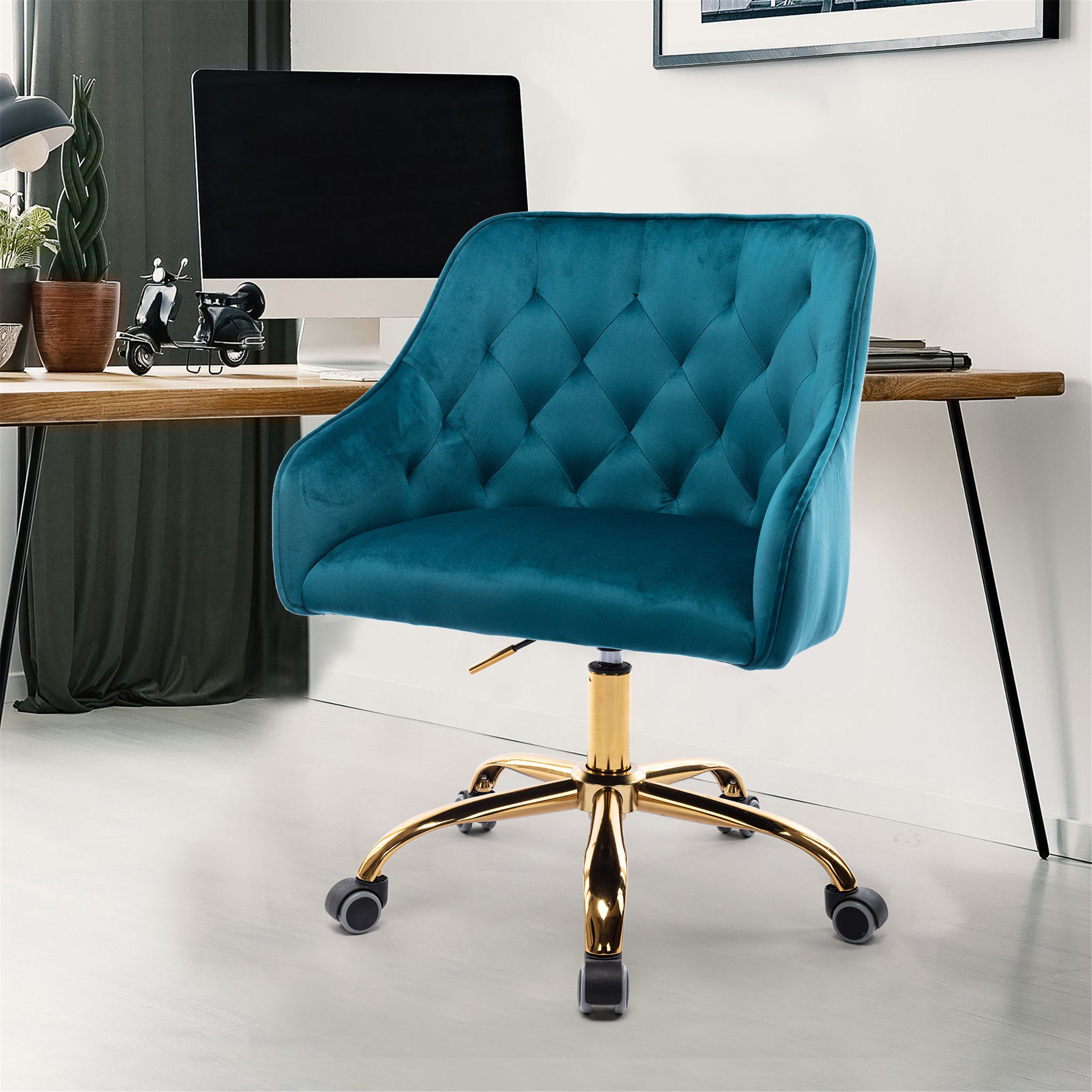 OKWISH Stuhl Samt Bürostuhl, Schminkstuhl, Stoff-Schreibtischstuhl (360° drehbar, höhenverstellbar), hübscher schicker Stuhl, goldener Bürostuhl natur